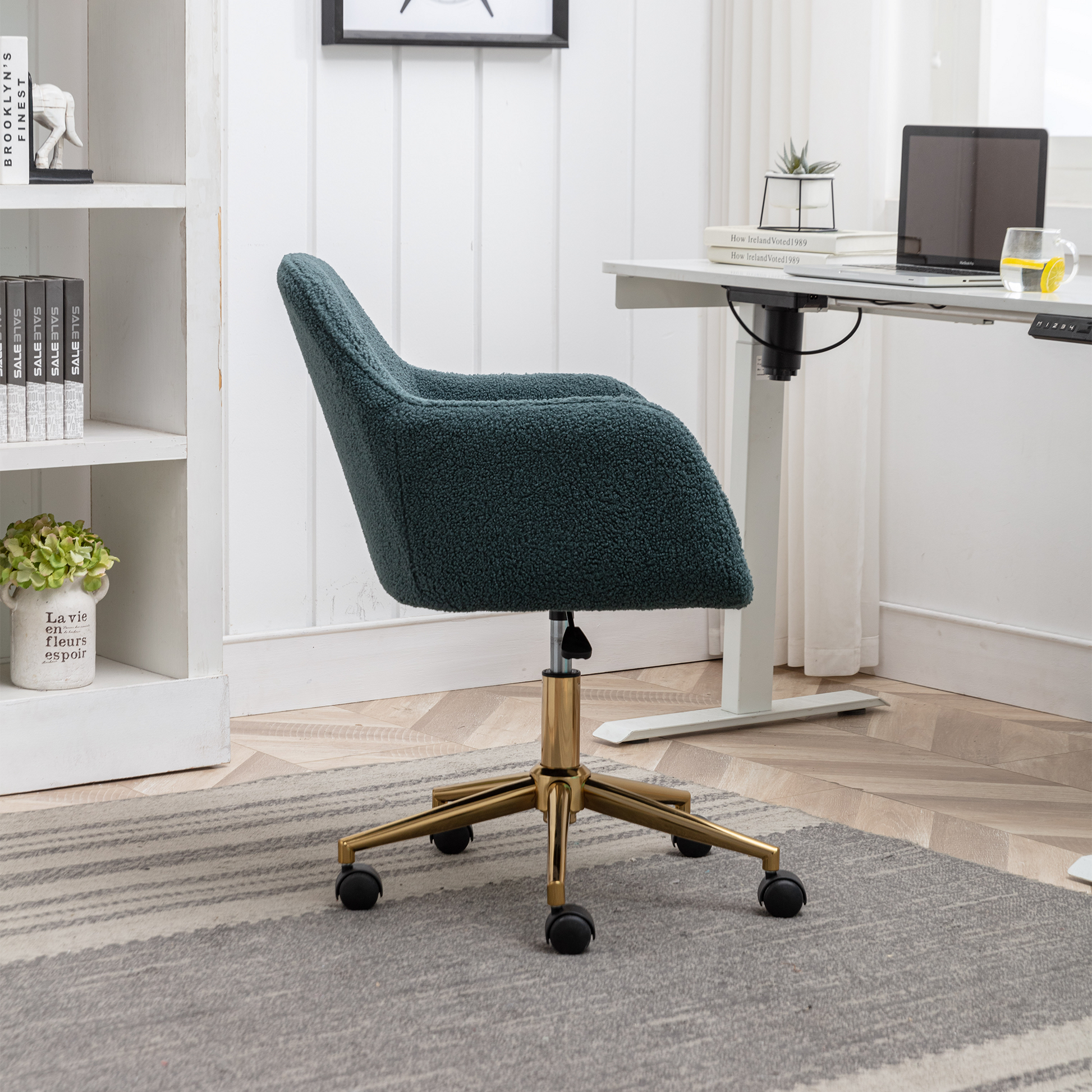 360° Revolving Modern Design Velvet Home and Office Chair with Metal Legs- Green_11