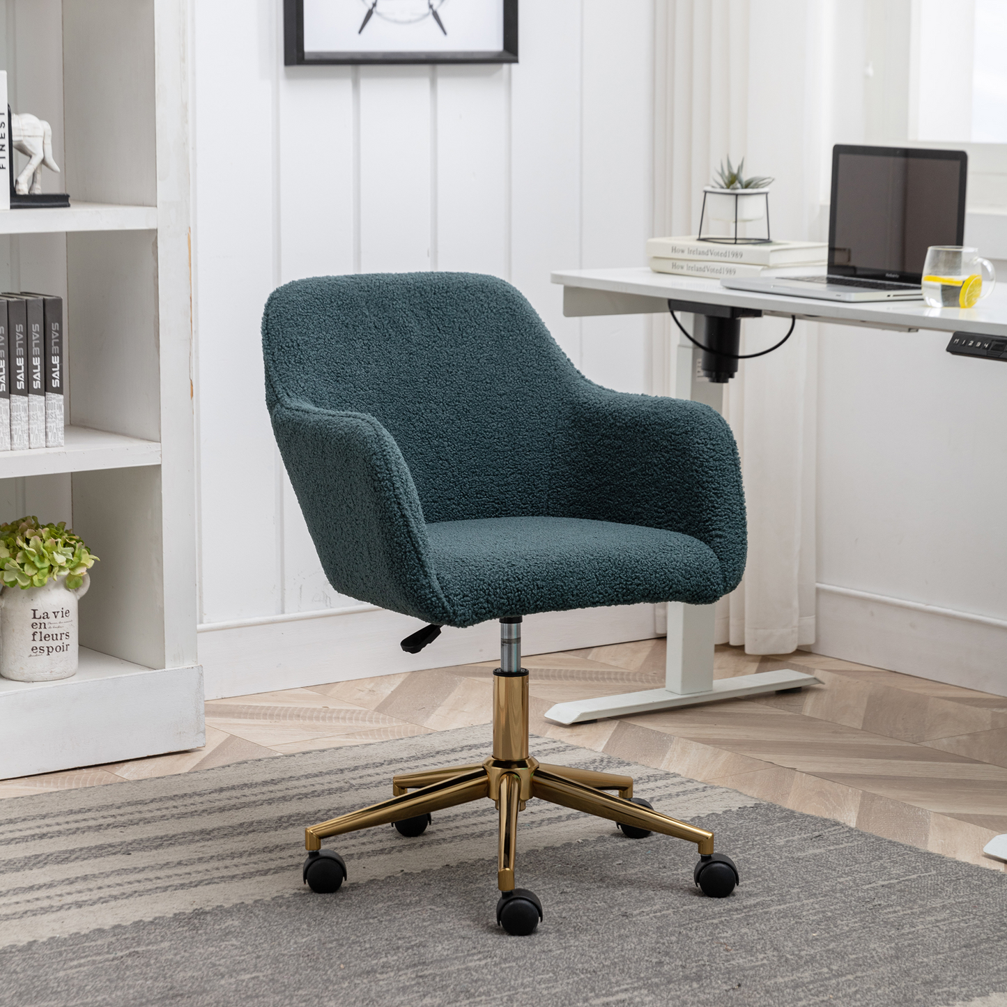 360° Revolving Modern Design Velvet Home and Office Chair with Metal Legs- Green_17