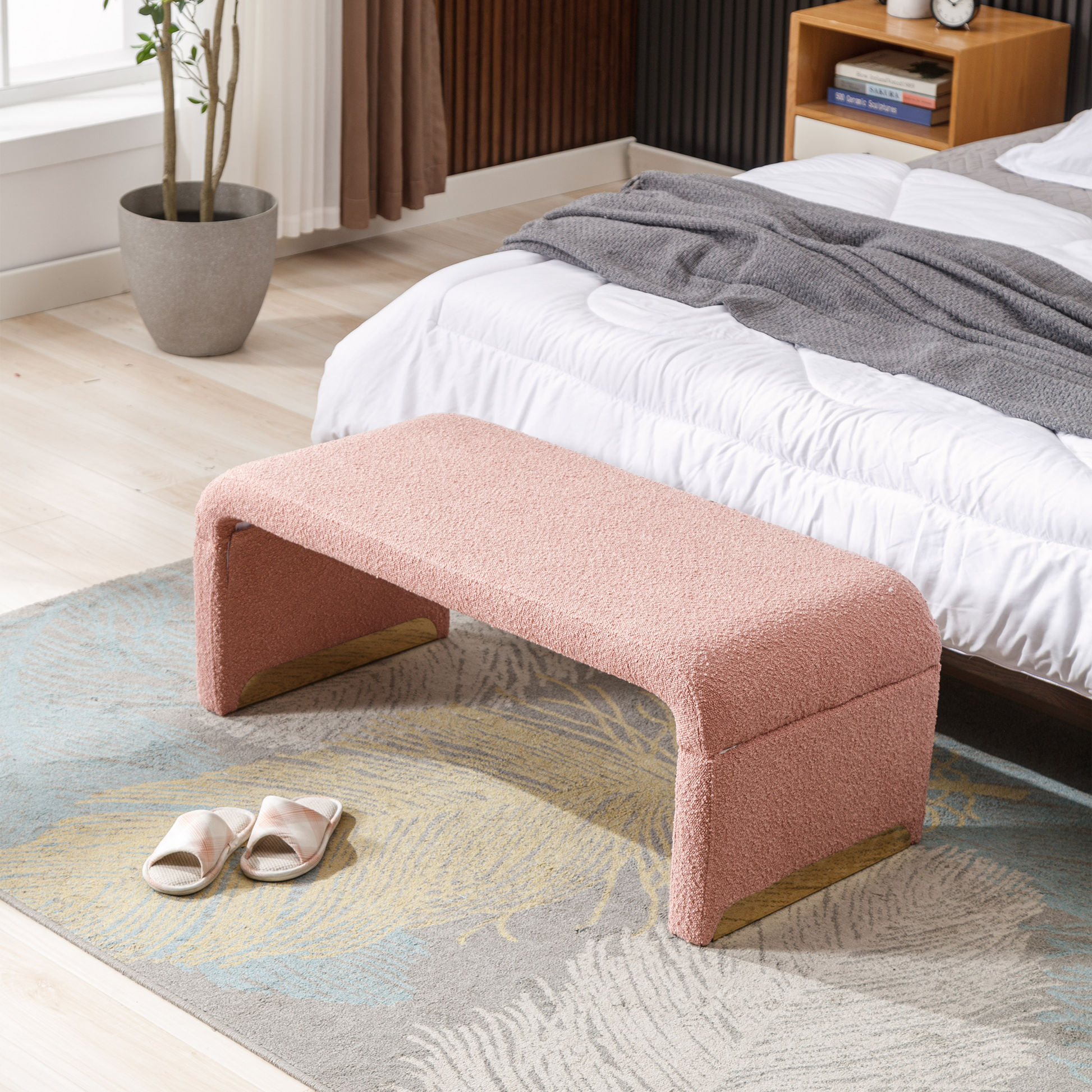 Boucle Fabric Loveseat Ottoman Bedroom Footstool With Gold Metal Legs- Pink_3