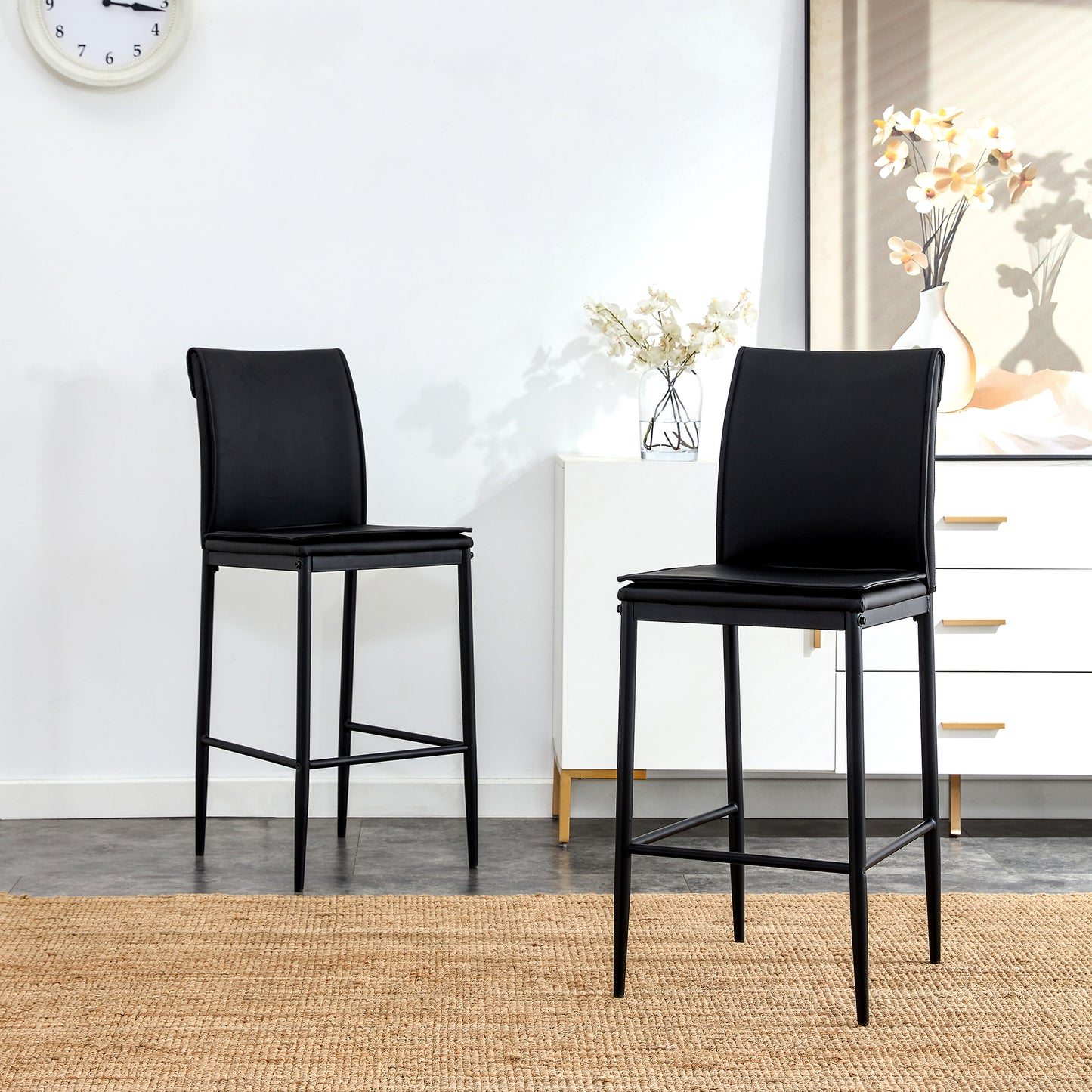 2 Pcs Modern Faux Leather Back Support Bar Chairs with Metal Legs- Black_3