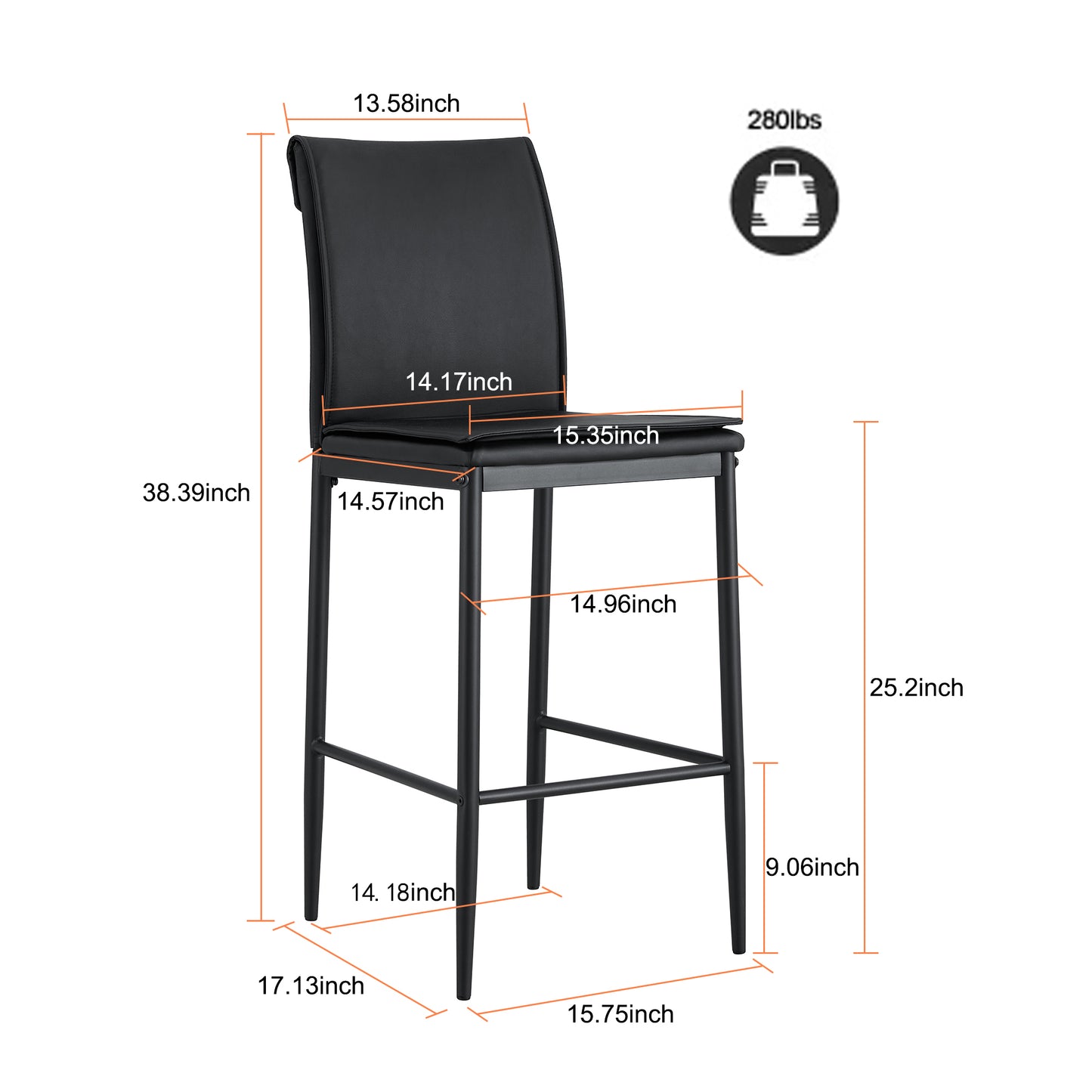 2 Pcs Modern Faux Leather Back Support Bar Chairs with Metal Legs- Black_4