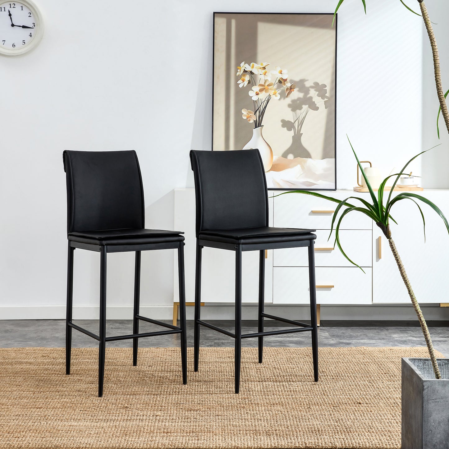 2 Pcs Modern Faux Leather Back Support Bar Chairs with Metal Legs- Black_0