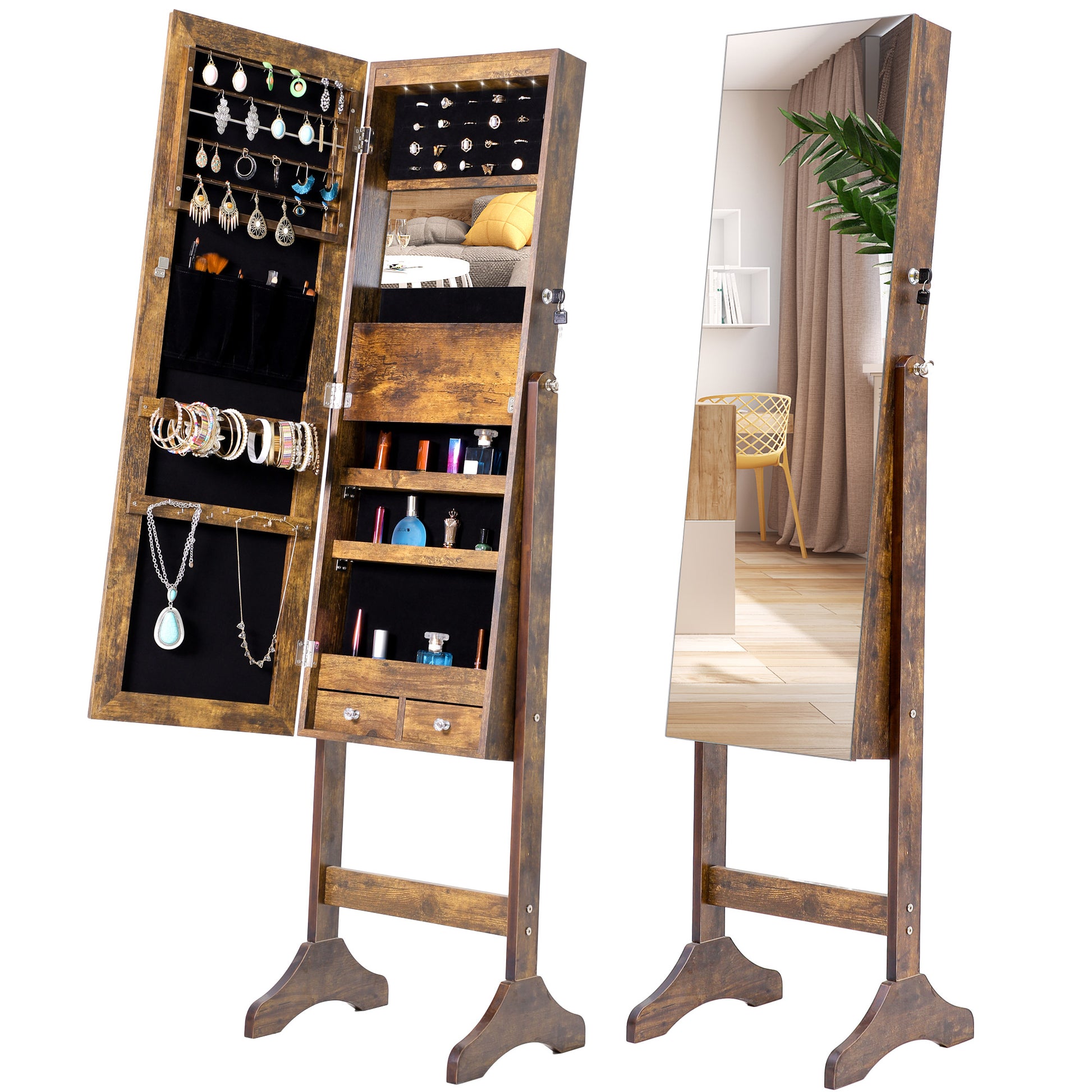 Full Sized Body Mirror and Jewelry Storage with LED Lights and Stand- Antique Gray_1