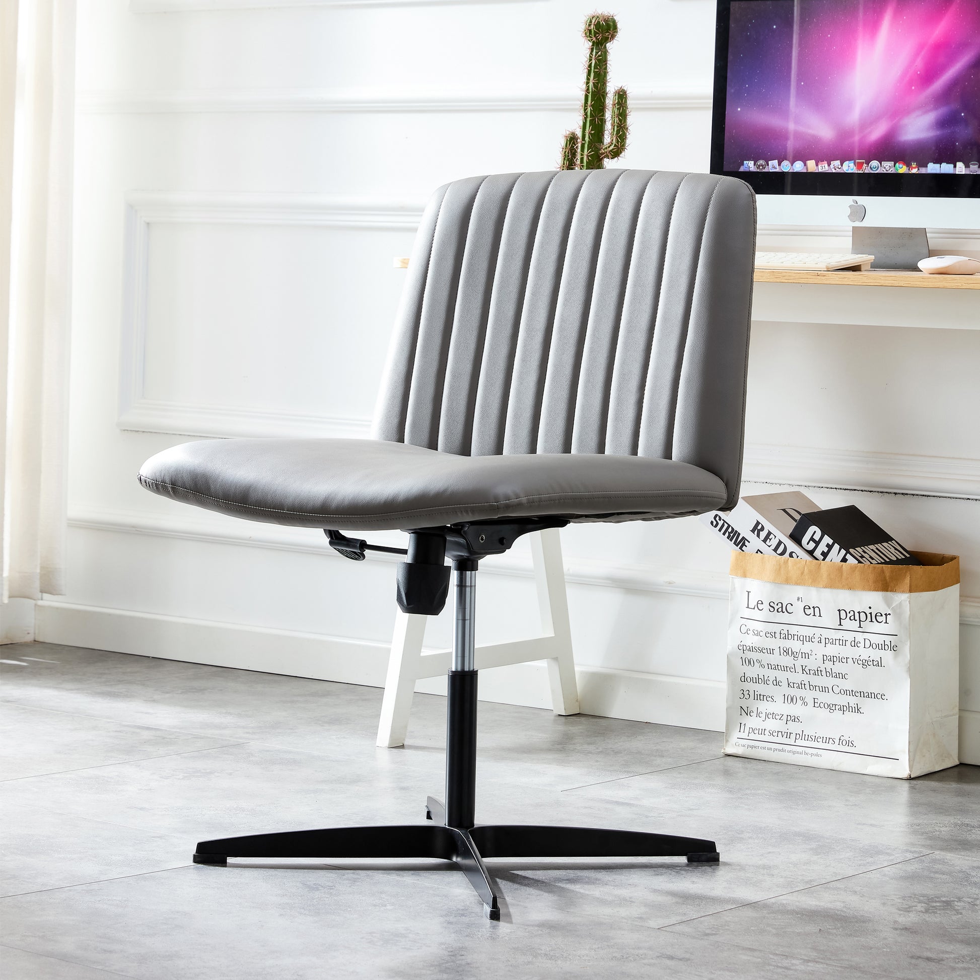 Height Adjustable 360 ° Swivel Cushioned PU Office Chair with Black Foot - Gray_3