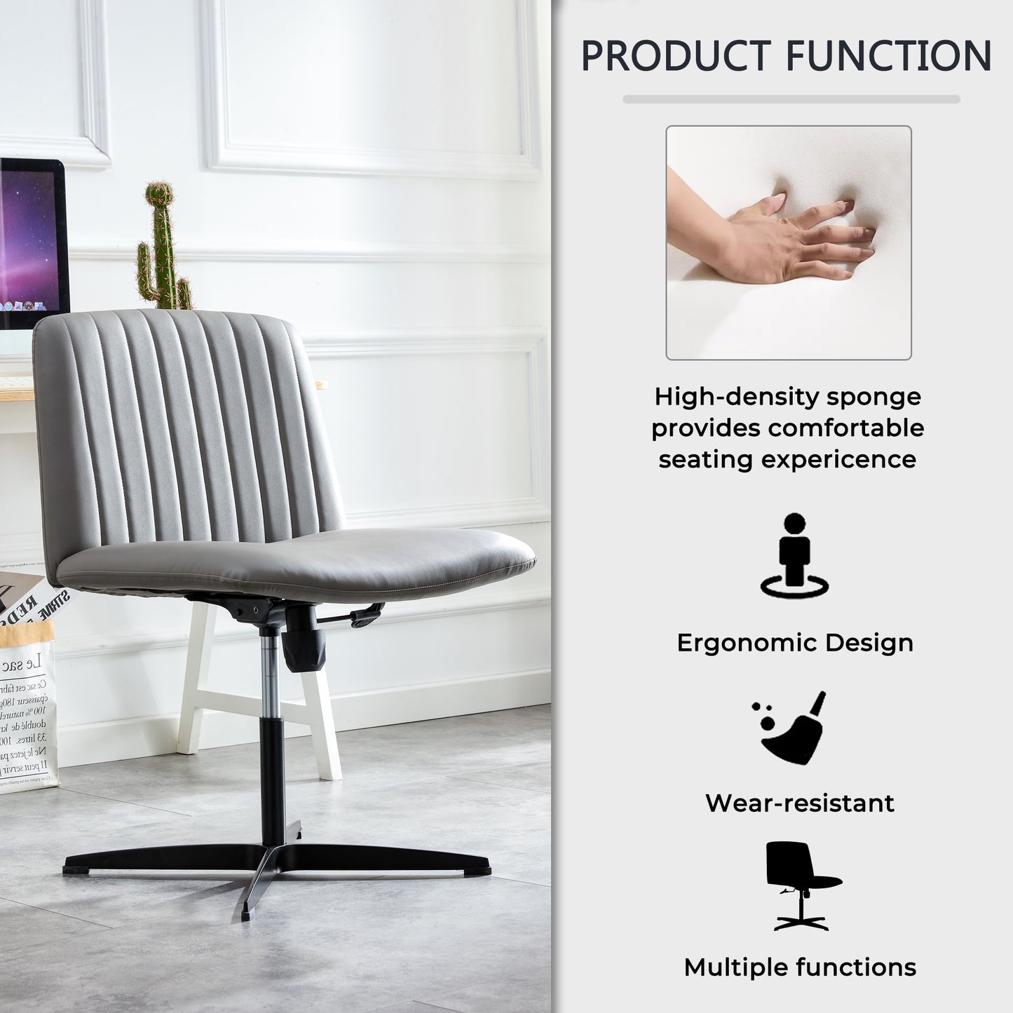 Height Adjustable 360 ° Swivel Cushioned PU Office Chair with Black Foot - Gray_20