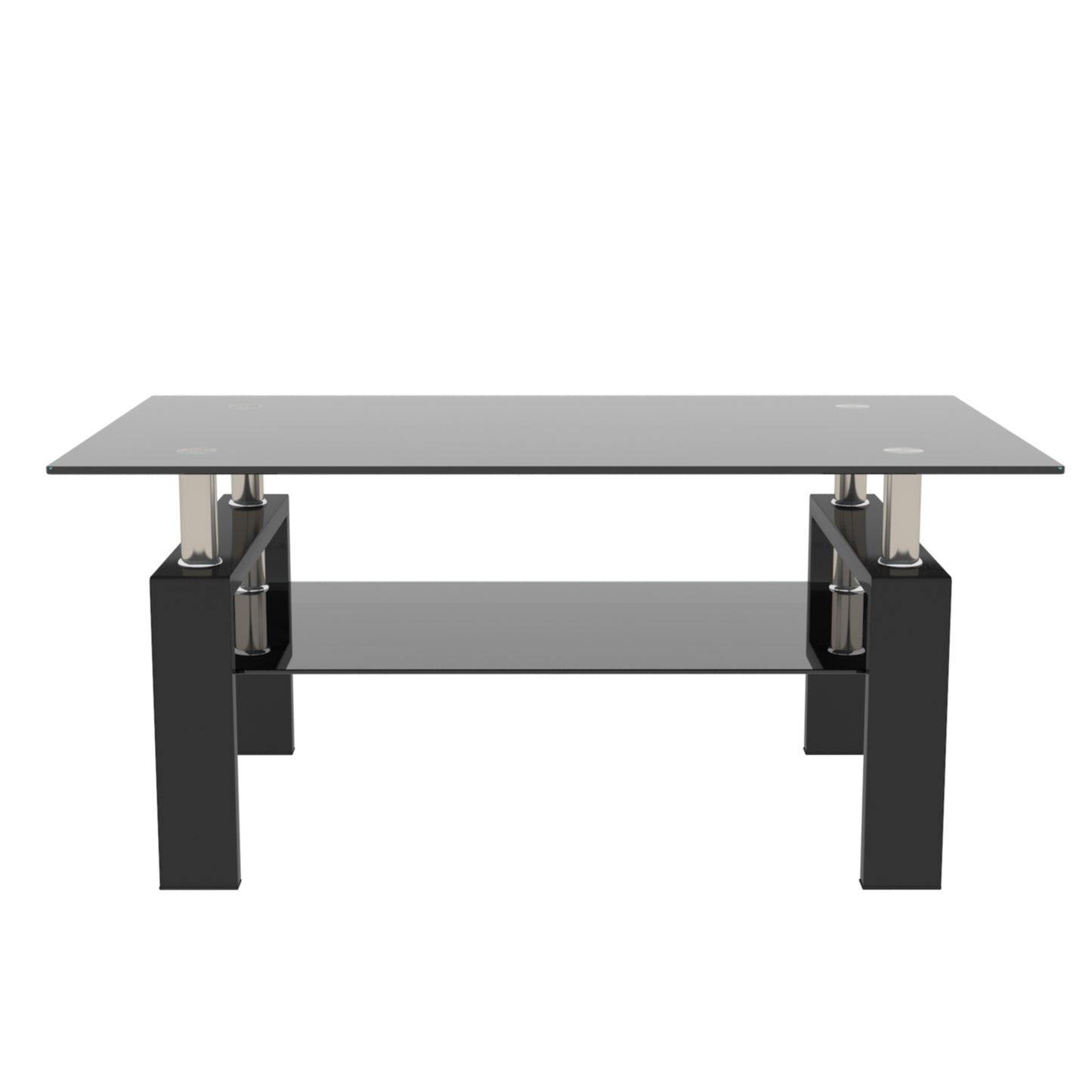 Rectangular Double Layer Tempered Glass Coffee Table with Metal Legs- Black Glass+Black_3