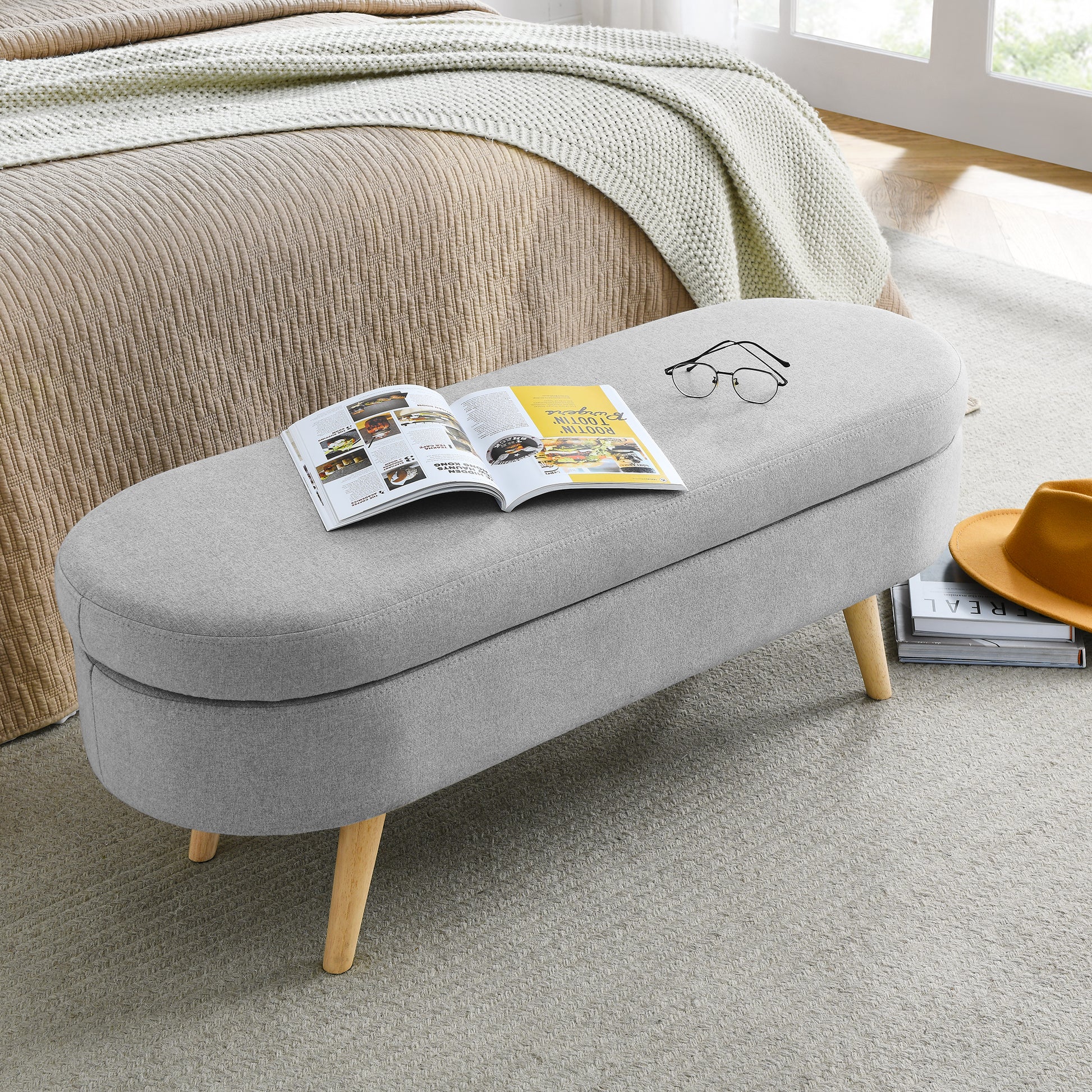 Oval Shaped Ottoman Linen Storage Bench with Wooden Legs- Grey_4