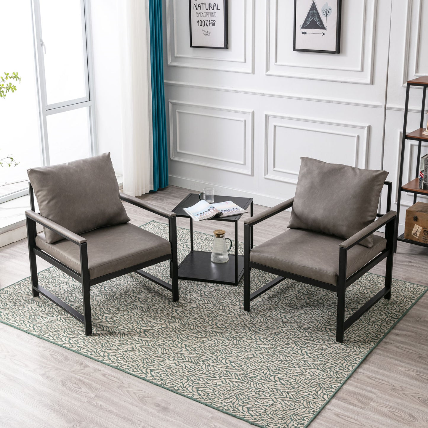 Single Sofa Faux Leather Accent Chair with Black Powder Coated Metal Legs- Gray_13