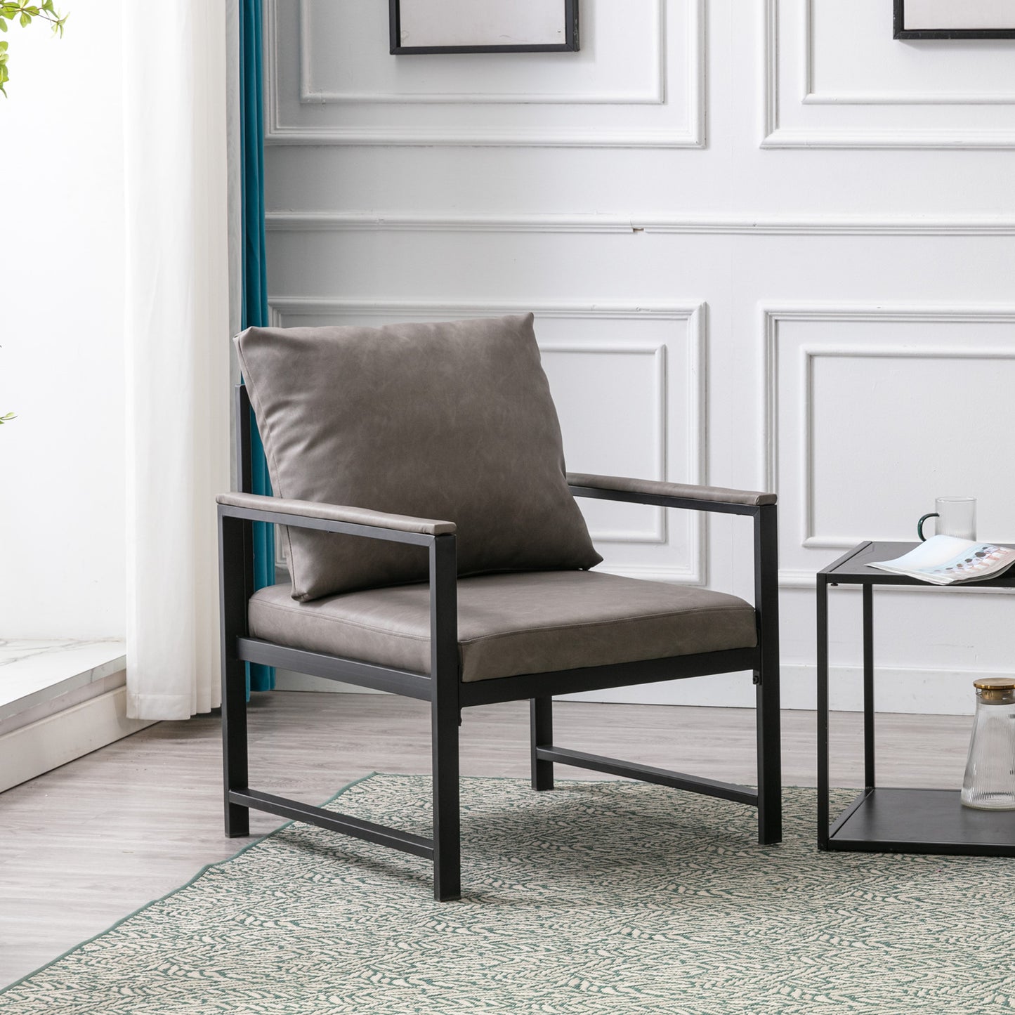 Single Sofa Faux Leather Accent Chair with Black Powder Coated Metal Legs- Gray_11