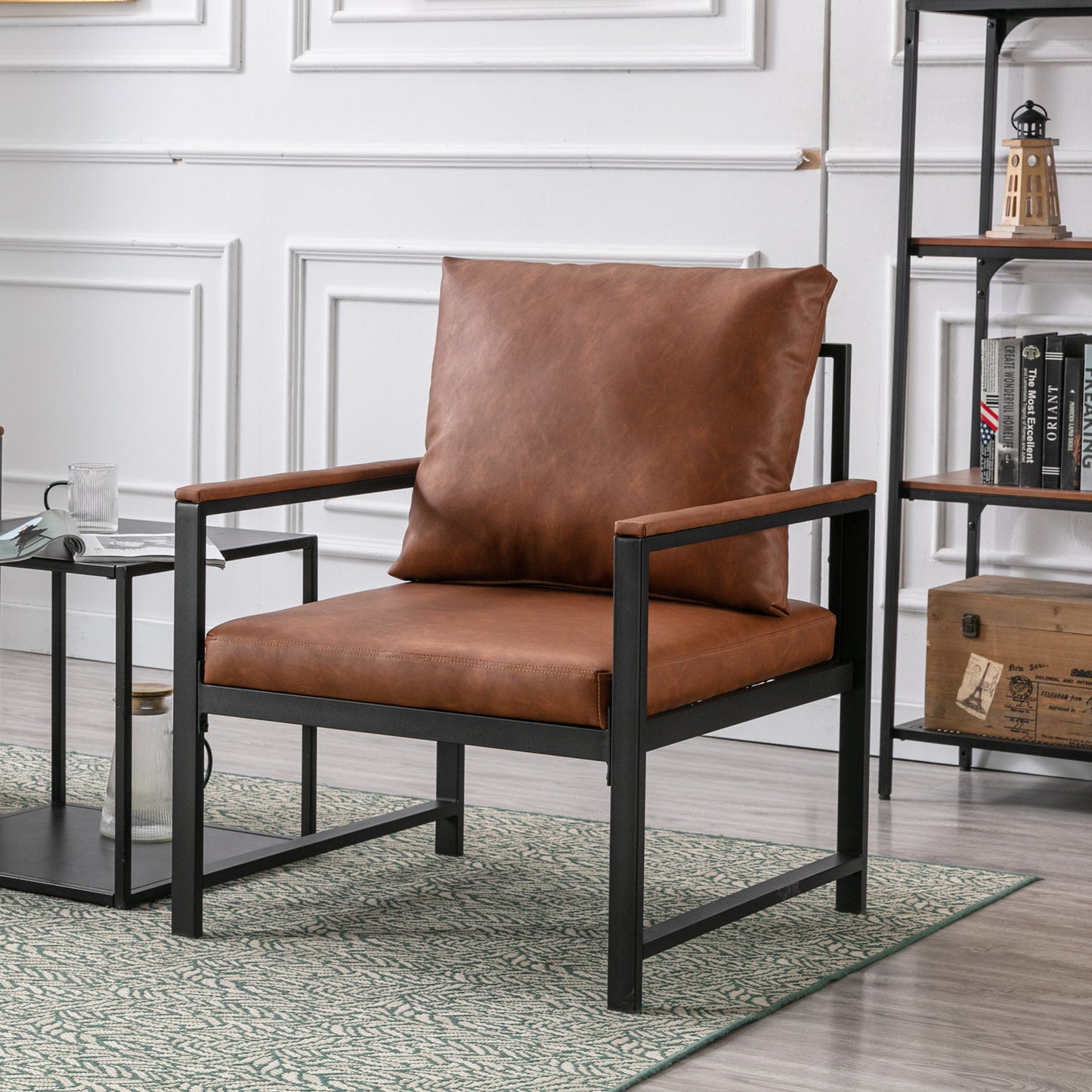 Single Sofa Faux Leather Accent Chair with Black Powder Coated Metal Legs- Orange_1