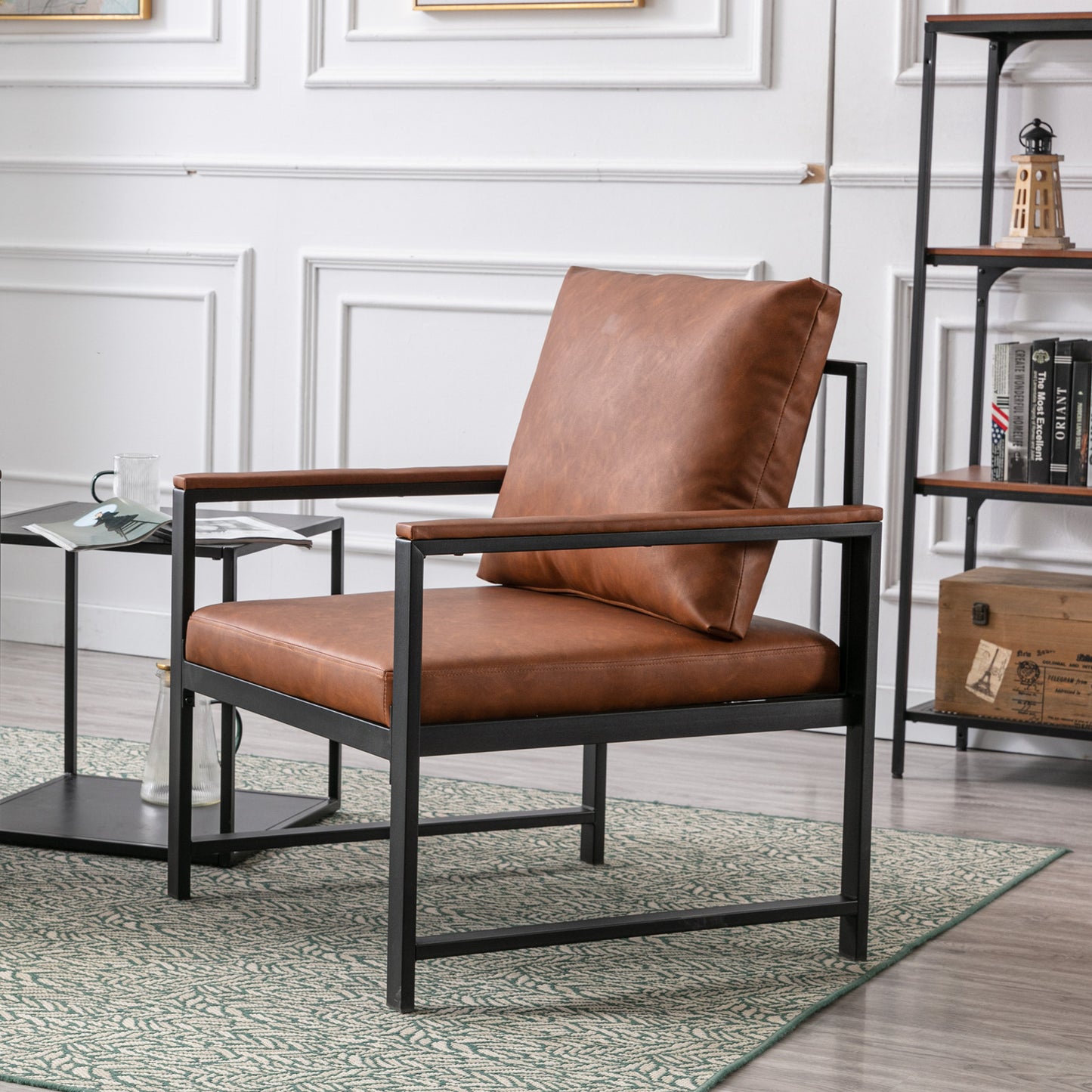 Single Sofa Faux Leather Accent Chair with Black Powder Coated Metal Legs- Orange_11