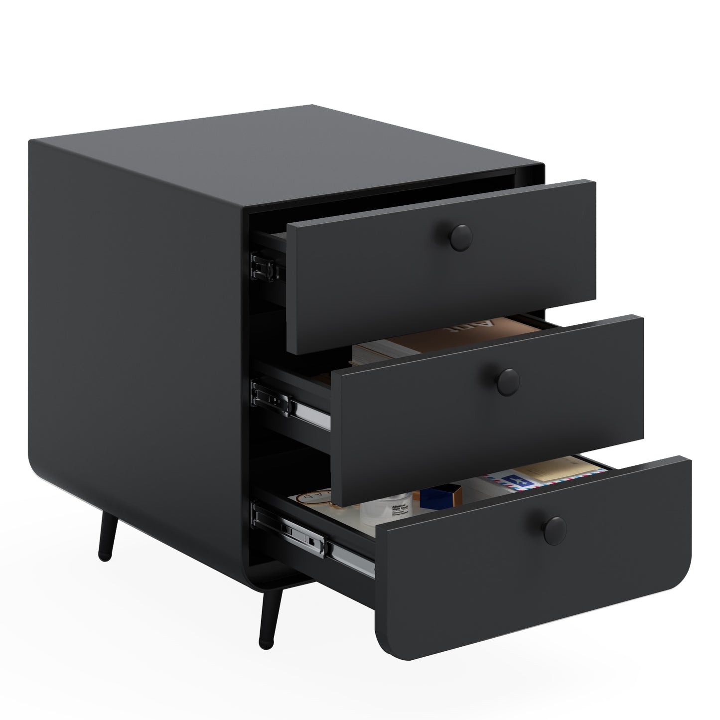 3 Drawers Nordic Minimalist Bedside Steel Cabinet with Round Handle- Black_3