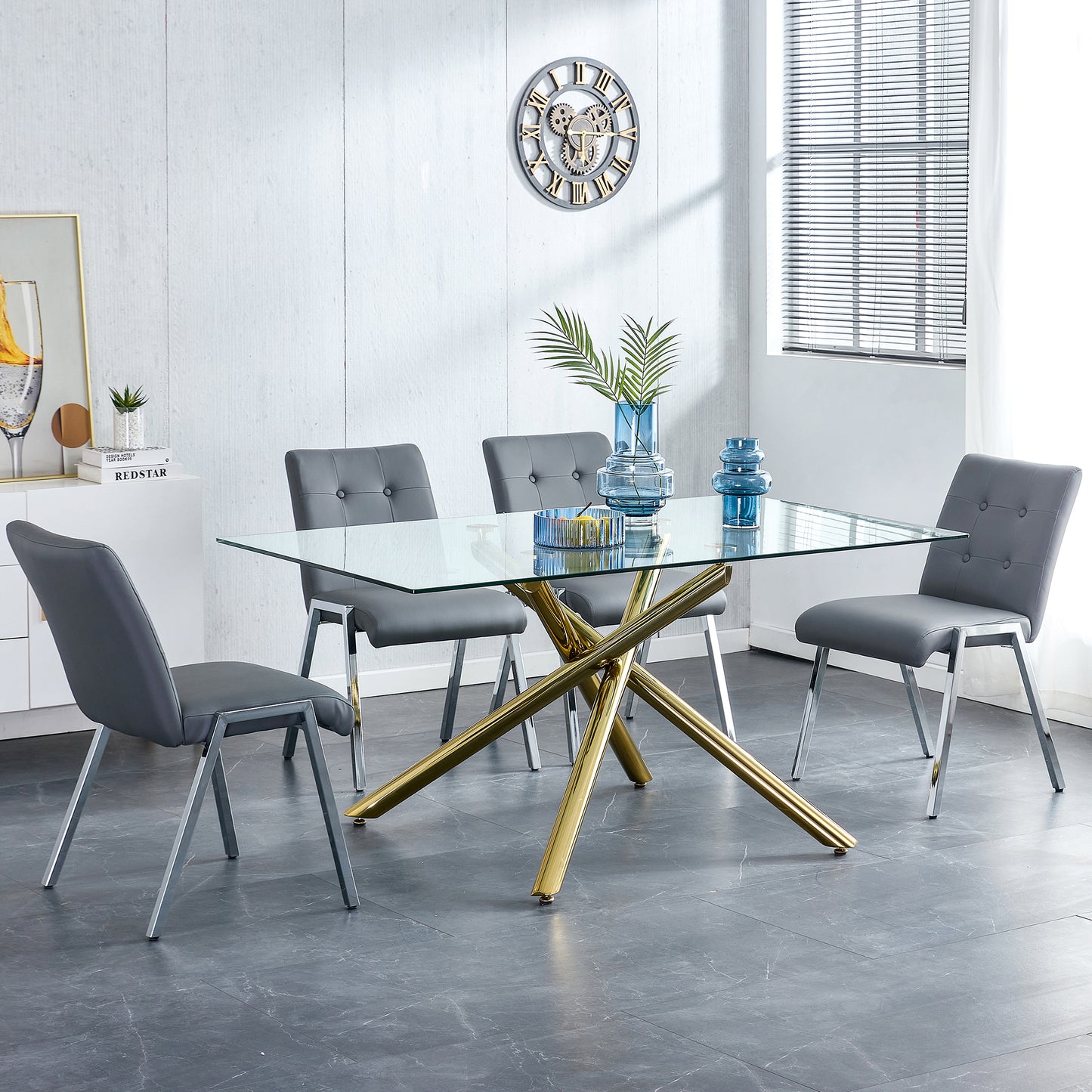2 pcs Grid Armless Faux Leather High Back Upholstered Padded Dining Chairs- Grey_4