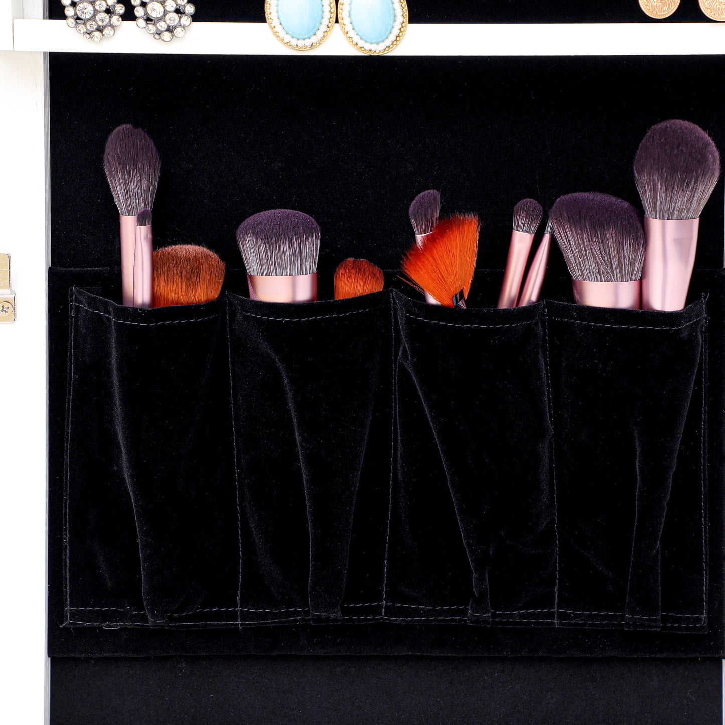 Full Sized Body Mirror and Jewelry Cabinet Storage with LED Lights and Stand in White_3