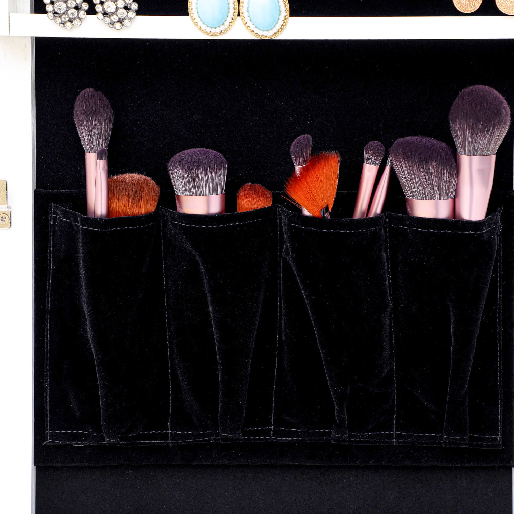 Full Sized Body Mirror and Jewelry Cabinet Storage with LED Lights and Stand in White_3