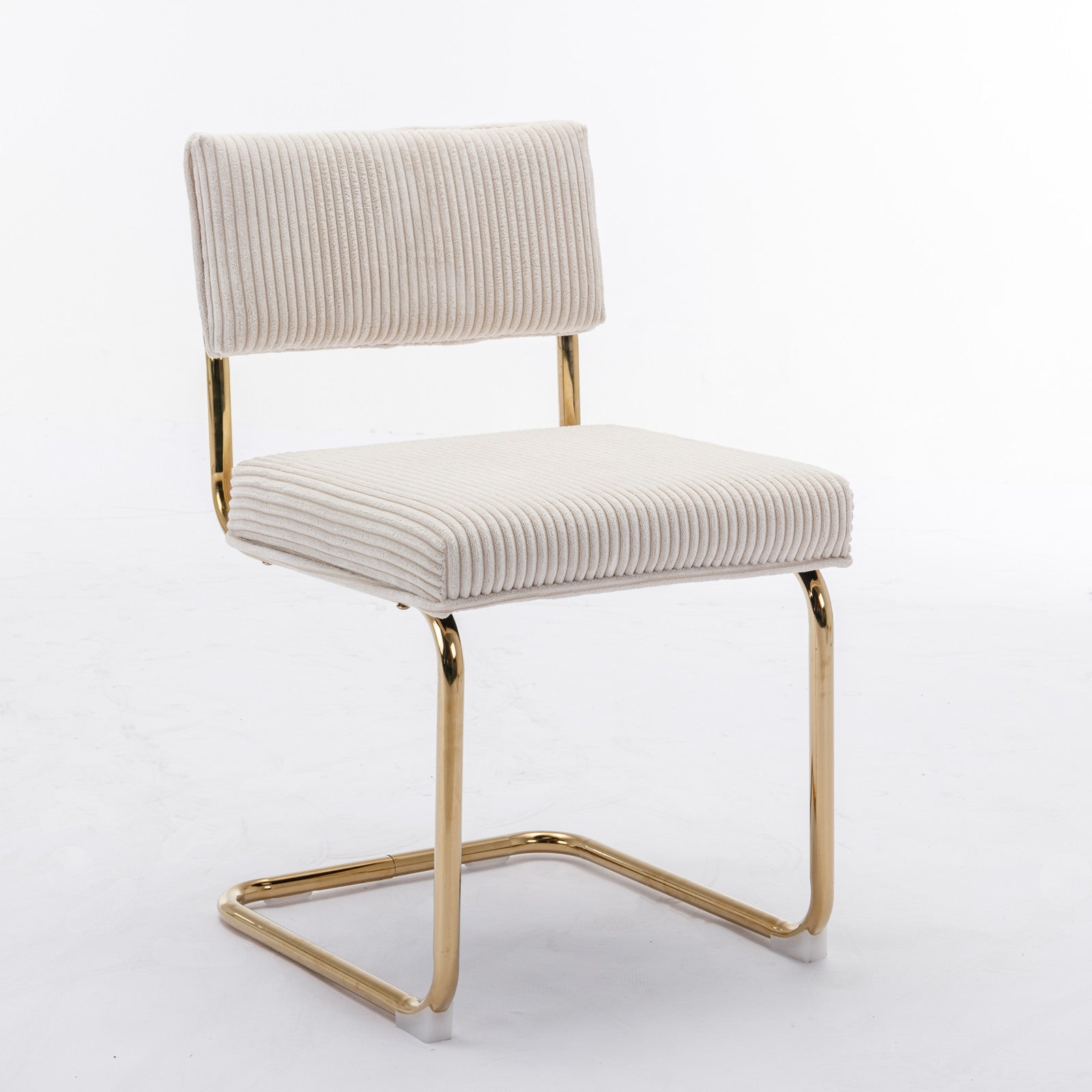 Set of 2 Modern Dining Chairs in Corduroy Fabric with Gold Metal Base- Beige_3