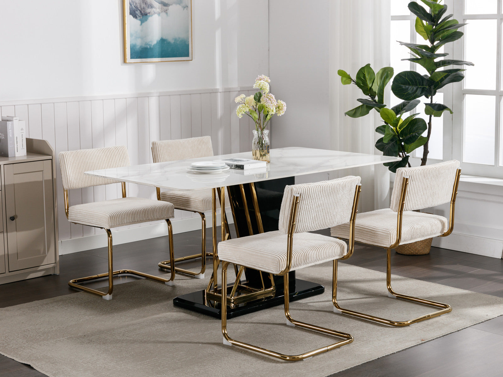 Set of 2 Modern Dining Chairs in Corduroy Fabric with Gold Metal Base- Beige_16