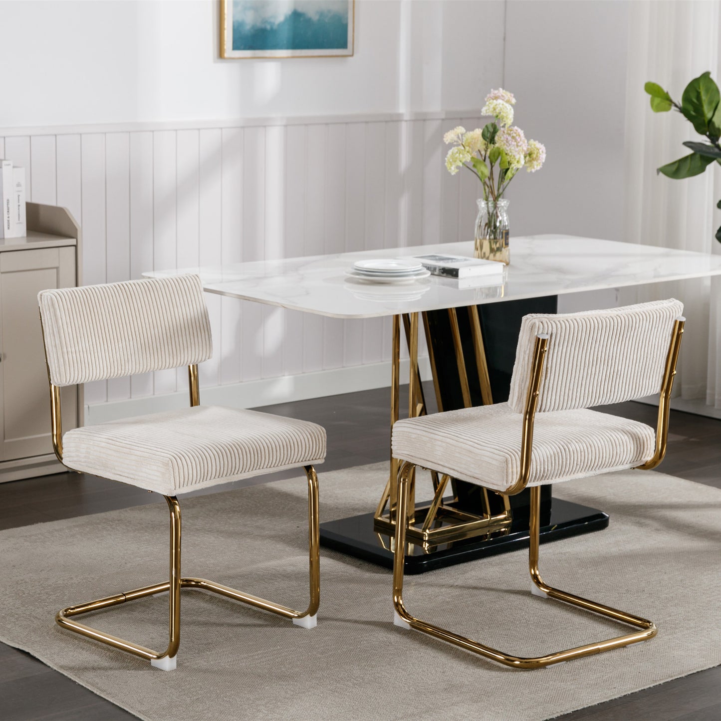 Set of 2 Modern Dining Chairs in Corduroy Fabric with Gold Metal Base- Beige_12