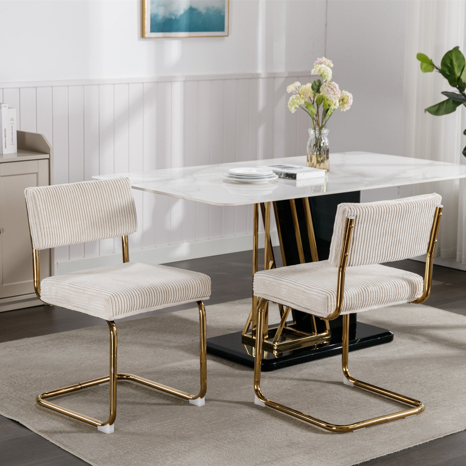 Set of 2 Modern Dining Chairs in Corduroy Fabric with Gold Metal Base- Beige_12