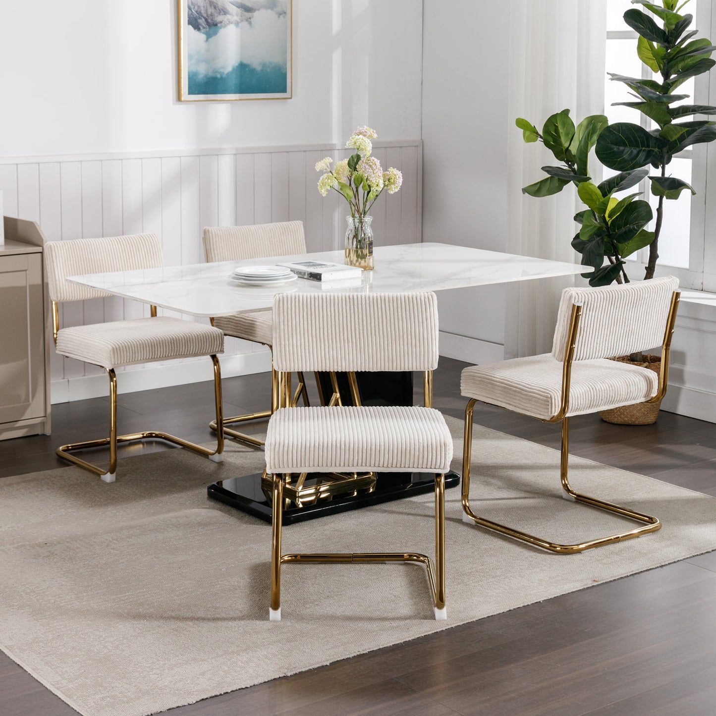 Set of 2 Modern Dining Chairs in Corduroy Fabric with Gold Metal Base- Beige_15