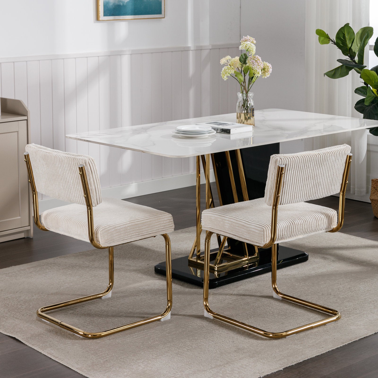 Set of 2 Modern Dining Chairs in Corduroy Fabric with Gold Metal Base- Beige_13