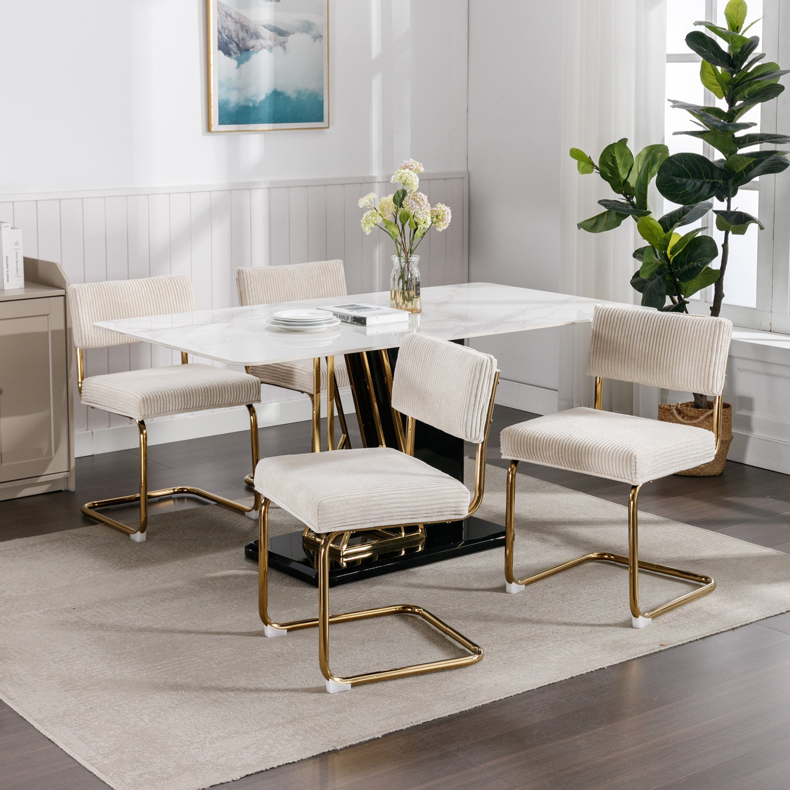 Set of 2 Modern Dining Chairs in Corduroy Fabric with Gold Metal Base- Beige_14