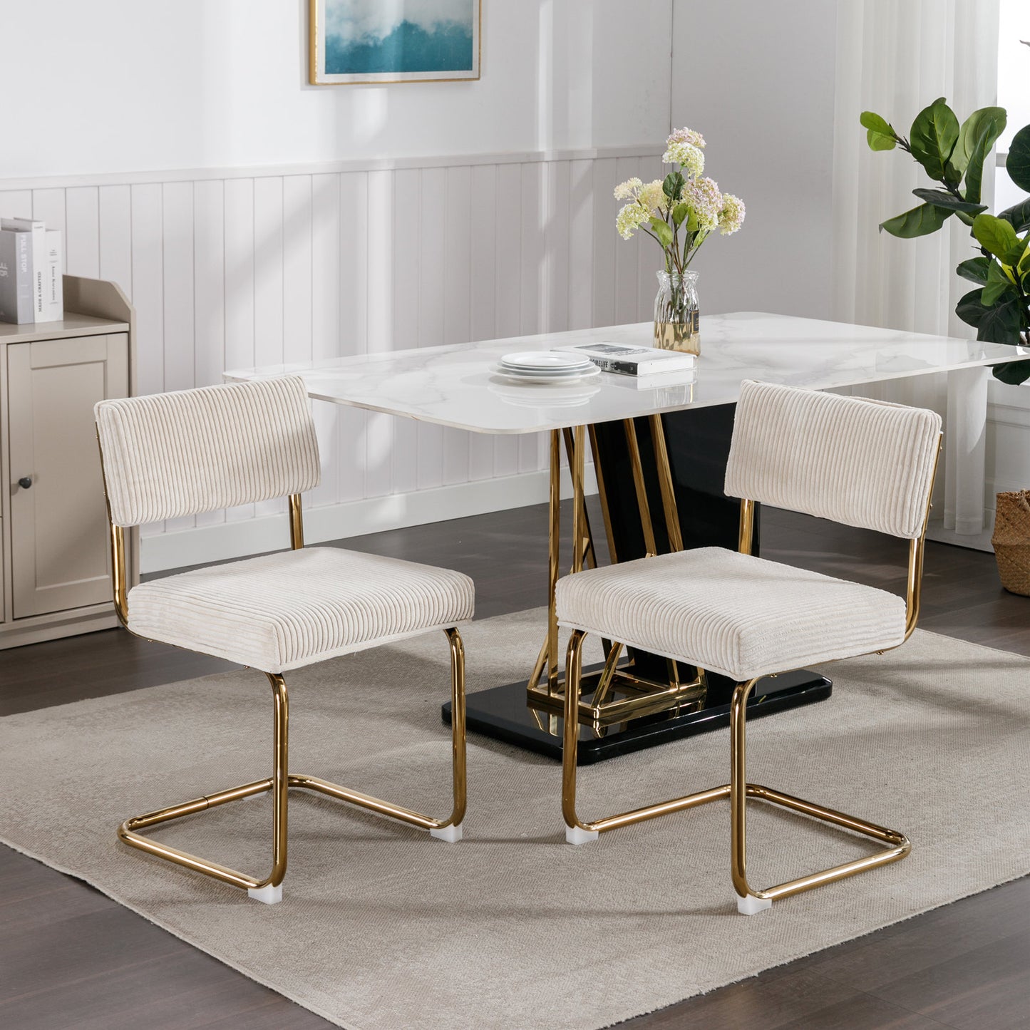 Set of 2 Modern Dining Chairs in Corduroy Fabric with Gold Metal Base- Beige_11