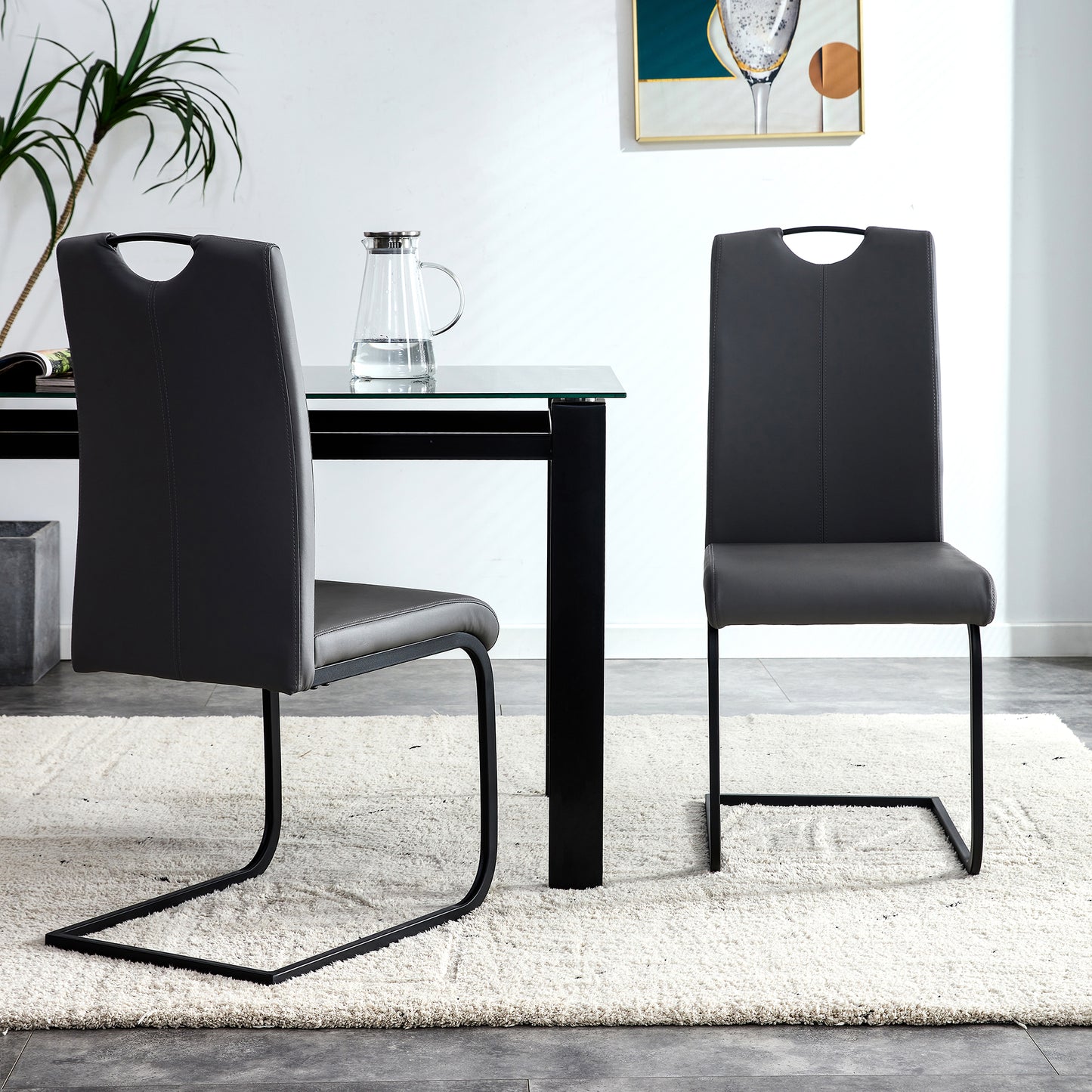 2 pcs Modern Design Dining Kitchen Chair PU Leather with Metal Legs- Black_2