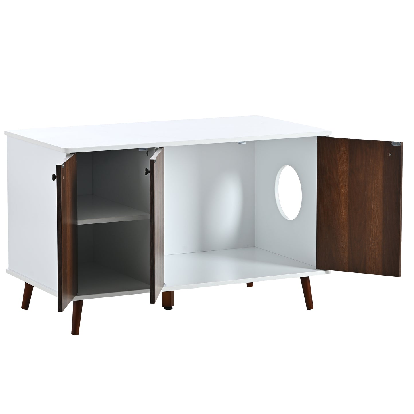 3 Door Hidden Cat Enclosure Box Furniture Side Table with Hidden Plug- White+Walnut_7