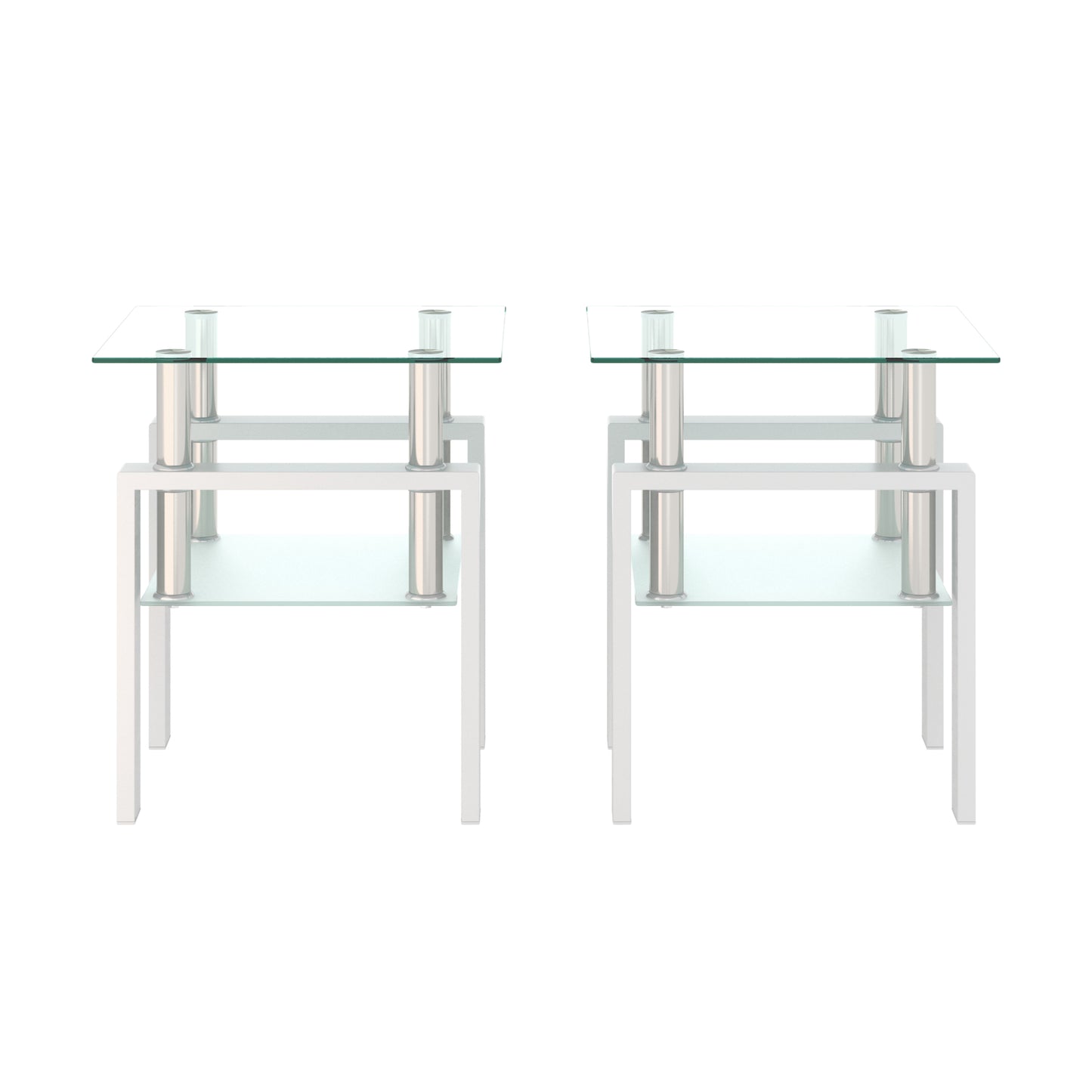 2 pcs Modern Design Coffee Table Tempered Glass End Table Night Stand- Transparent/White_9