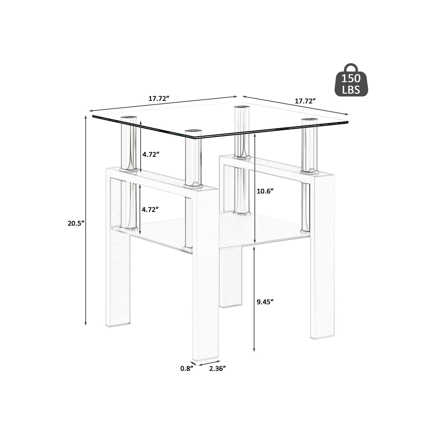 2 pcs Modern Design Coffee Table Tempered Glass End Table Night Stand- Transparent/White_15