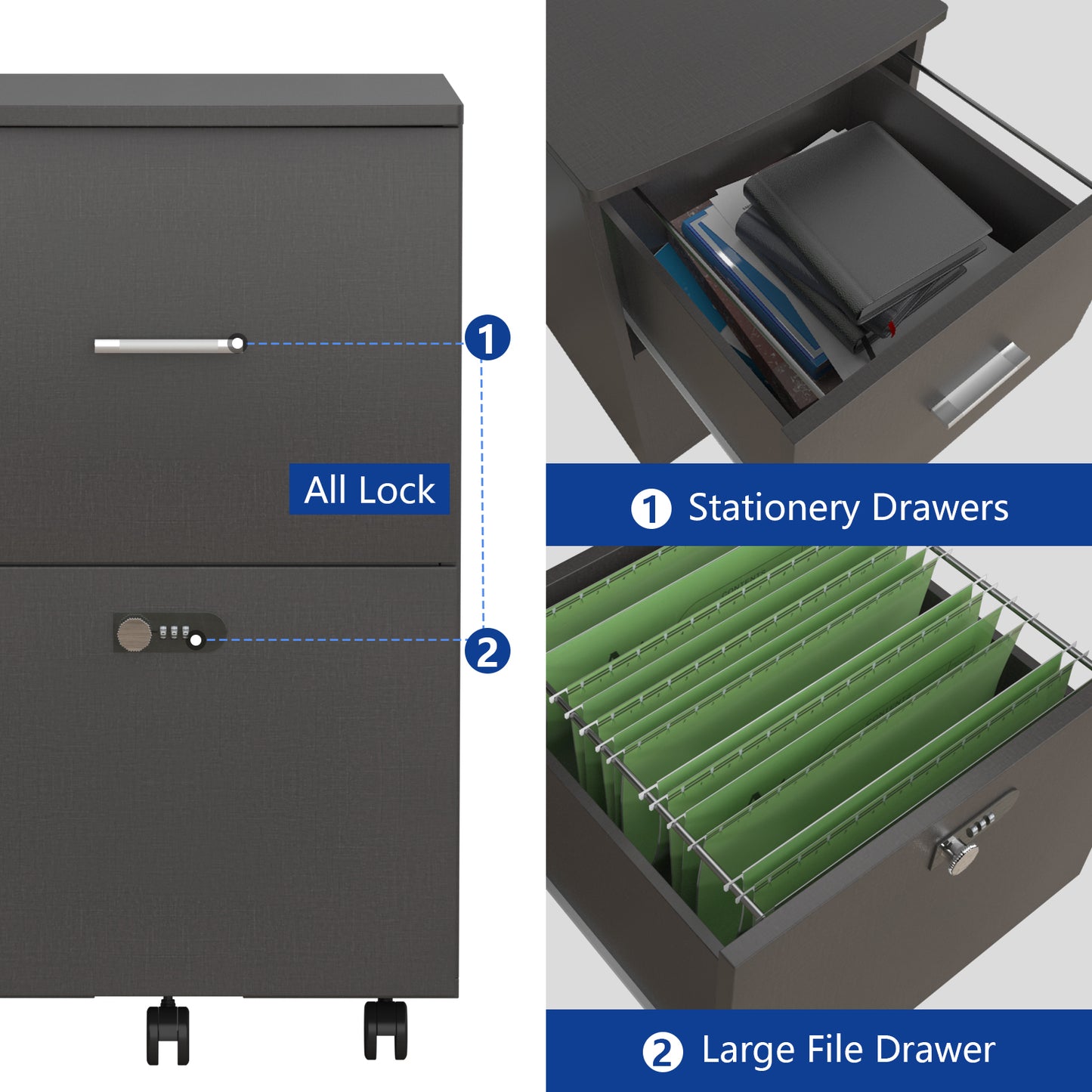 2 Drawers Office Rolling File Cabinet Storage Printer Stand with Lock- Dark Gray_8