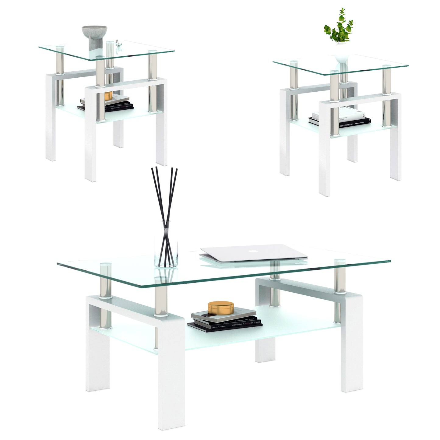 2 pcs Modern Design Coffee Table Tempered Glass End Table Night Stand- Transparent/White_14