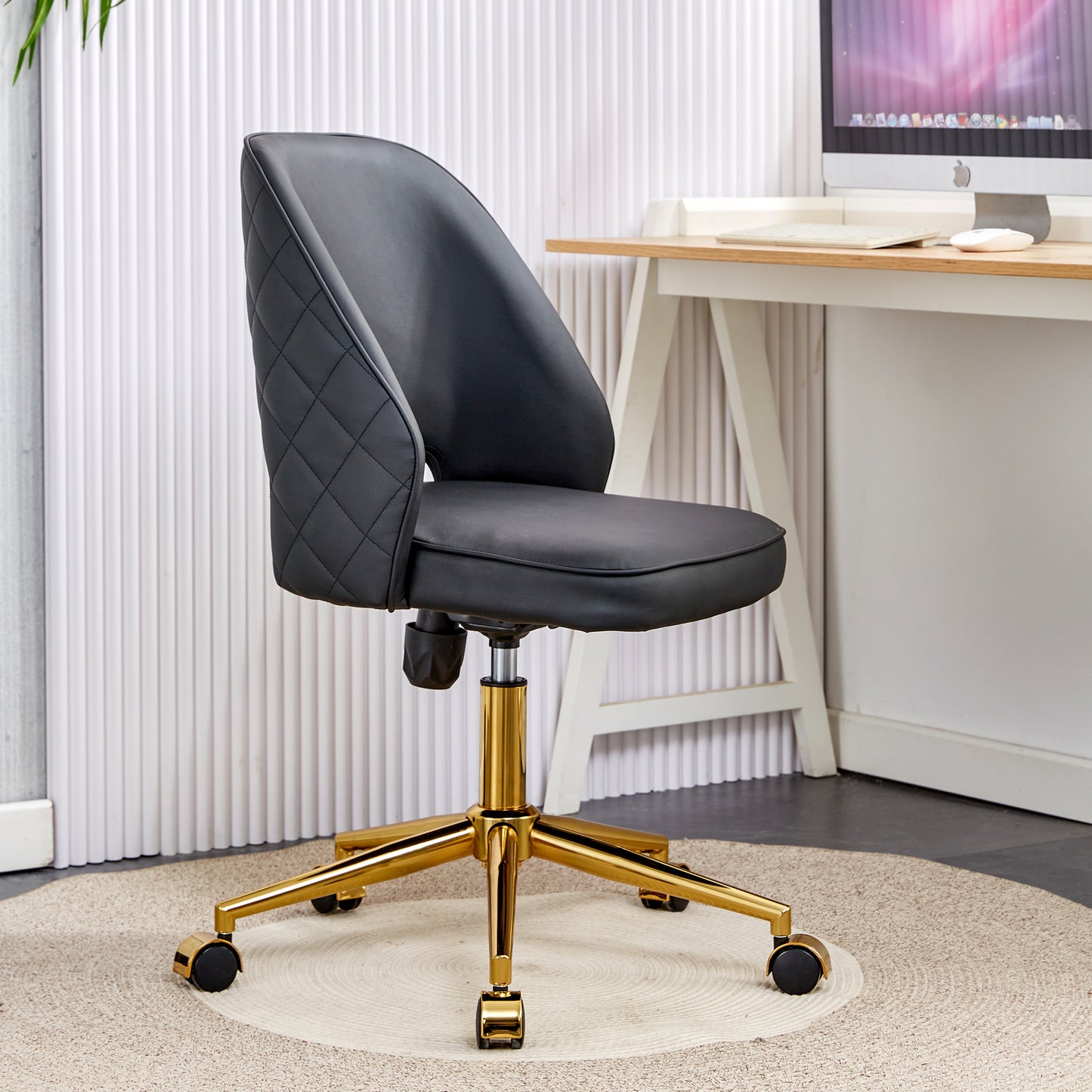Height Adjustable PU Leather Upholstered Home and Office Swivel Chair- Black_4