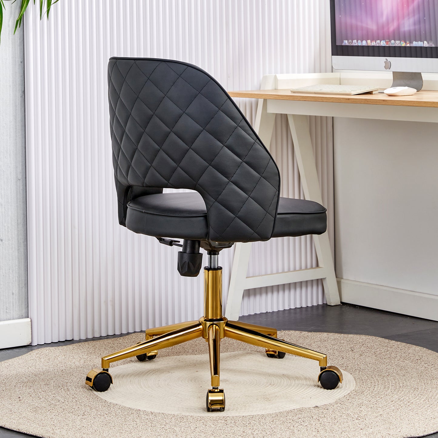 Height Adjustable PU Leather Upholstered Home and Office Swivel Chair- Black_2