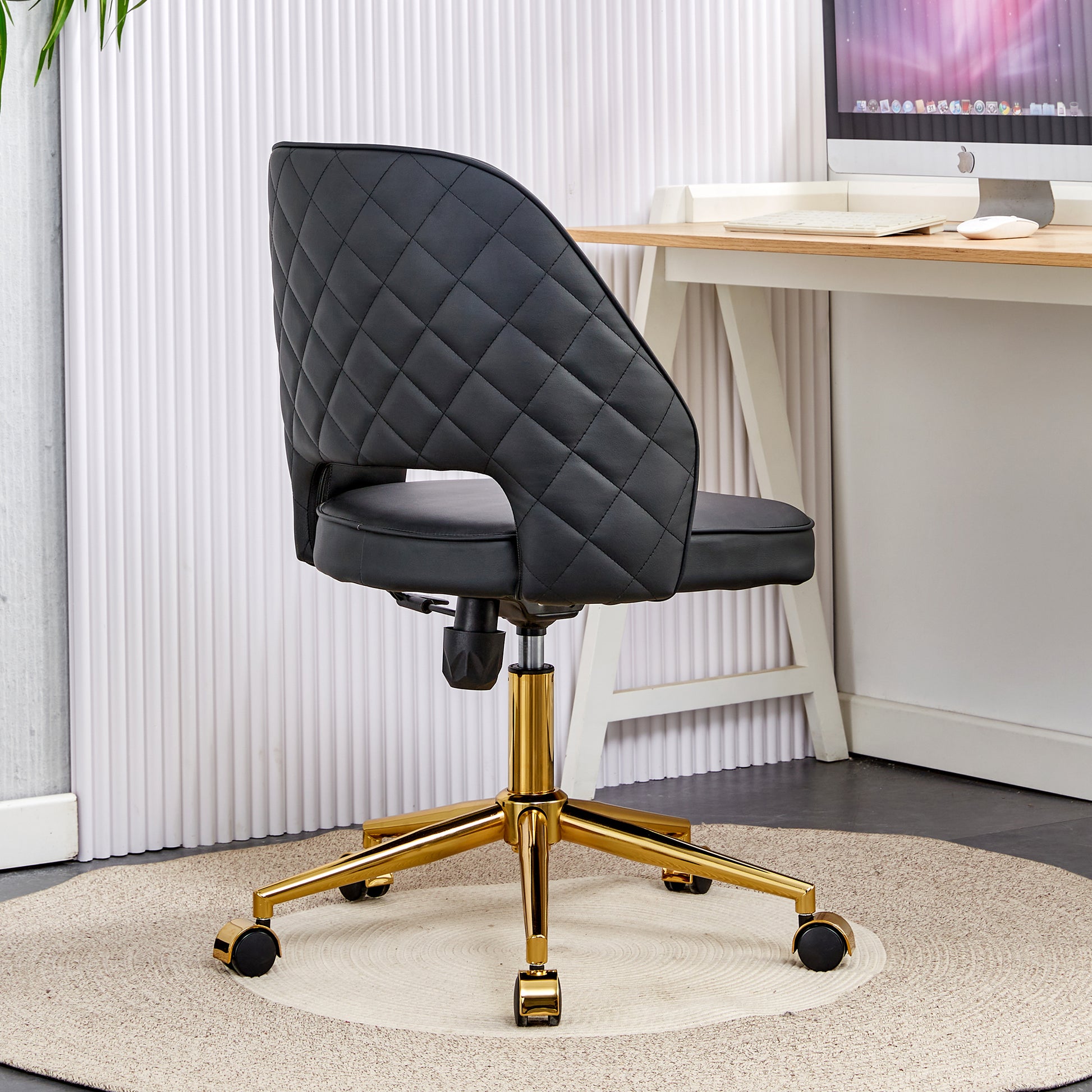 Height Adjustable PU Leather Upholstered Home and Office Swivel Chair- Black_2