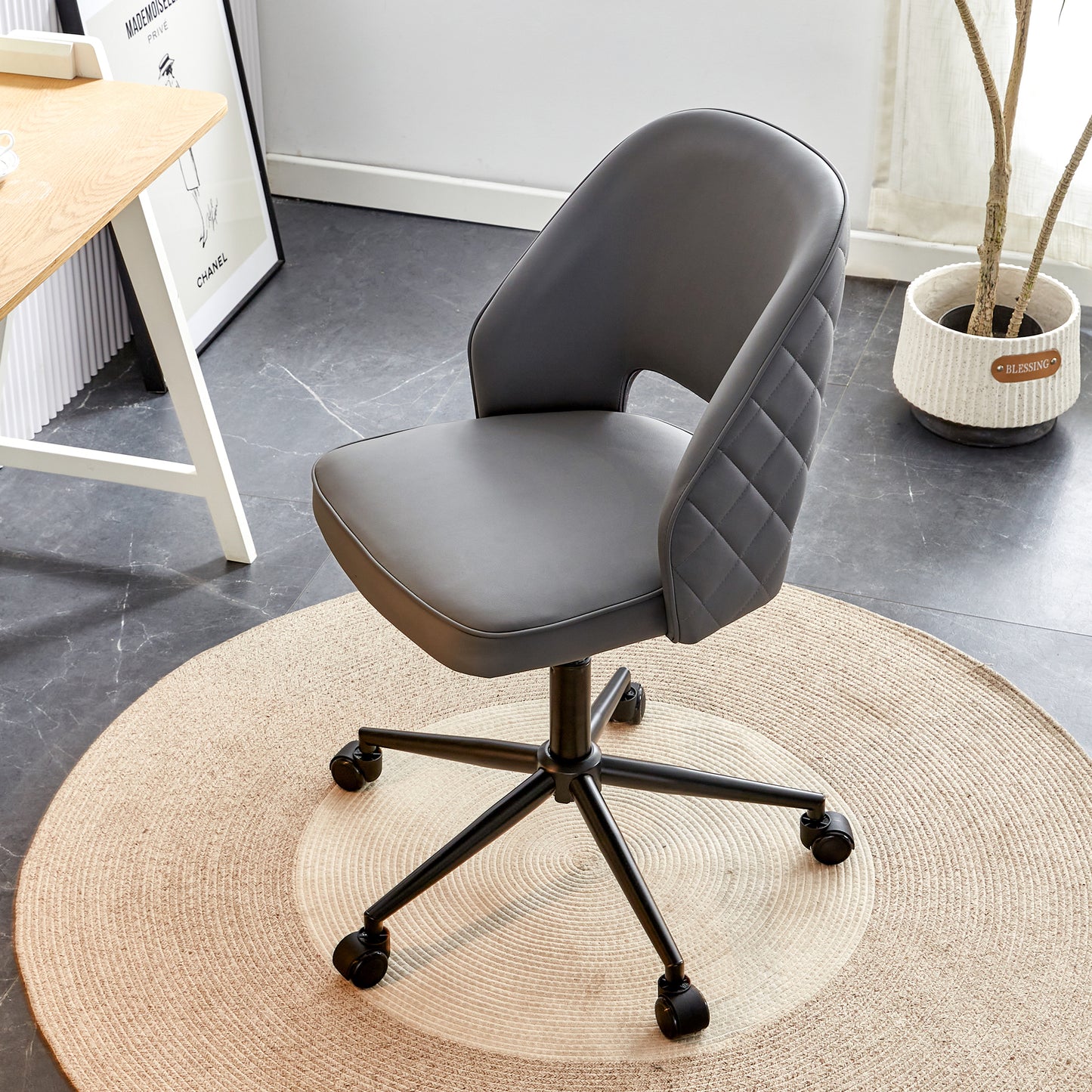 Height Adjustable PU Leather Upholstered Home and Office Swivel Chair- Dark Gray_3