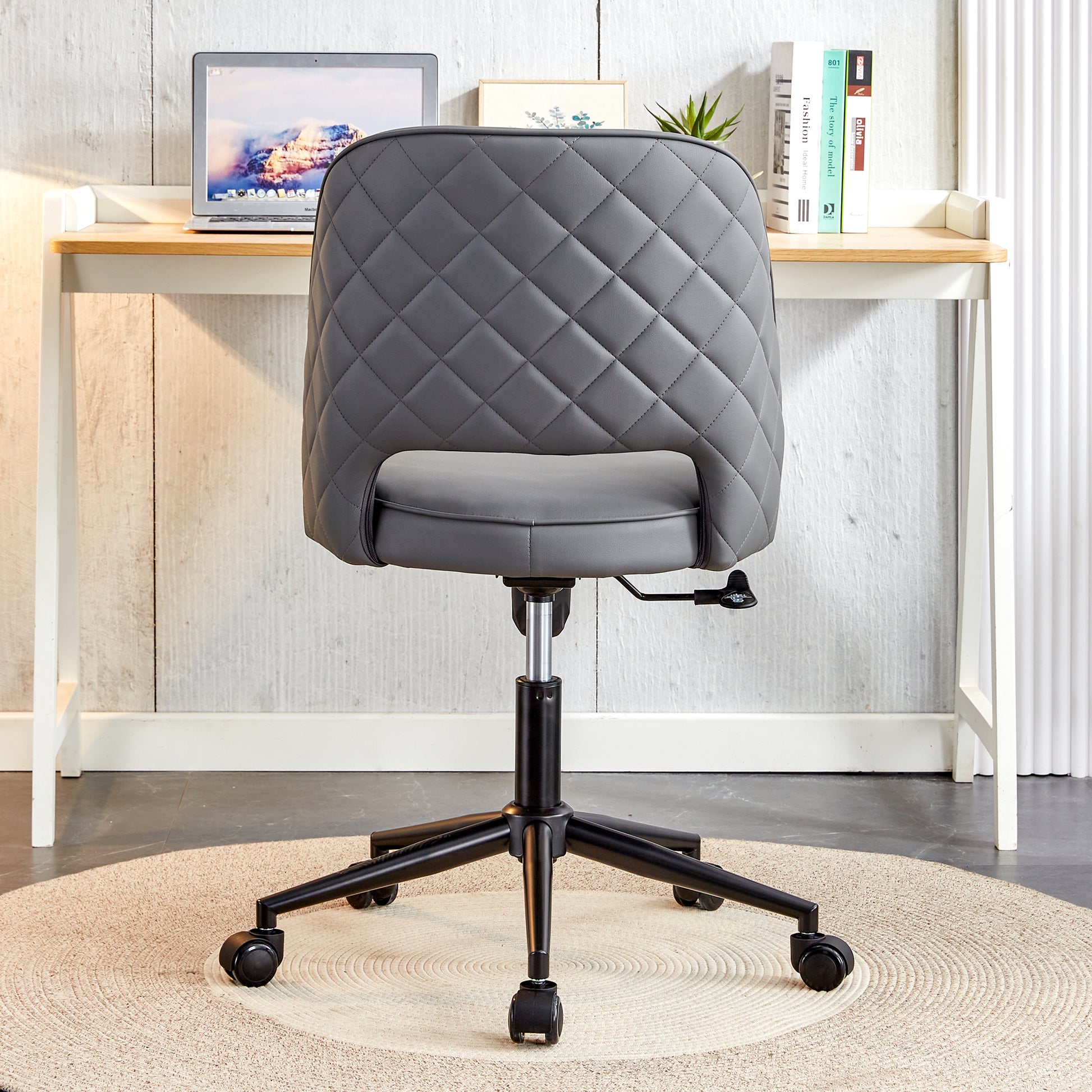 Height Adjustable PU Leather Upholstered Home and Office Swivel Chair- Dark Gray_4