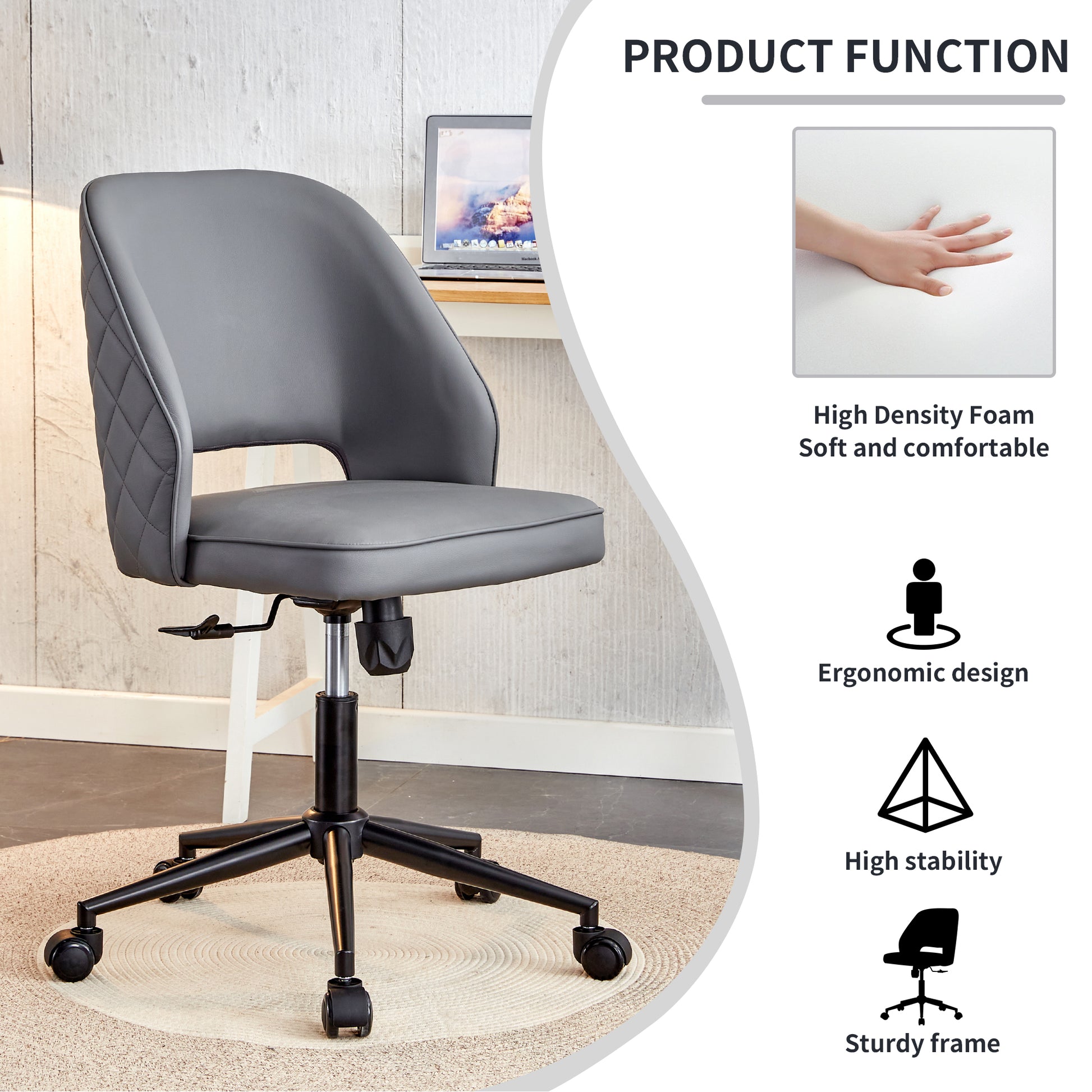 Height Adjustable PU Leather Upholstered Home and Office Swivel Chair- Dark Gray_17