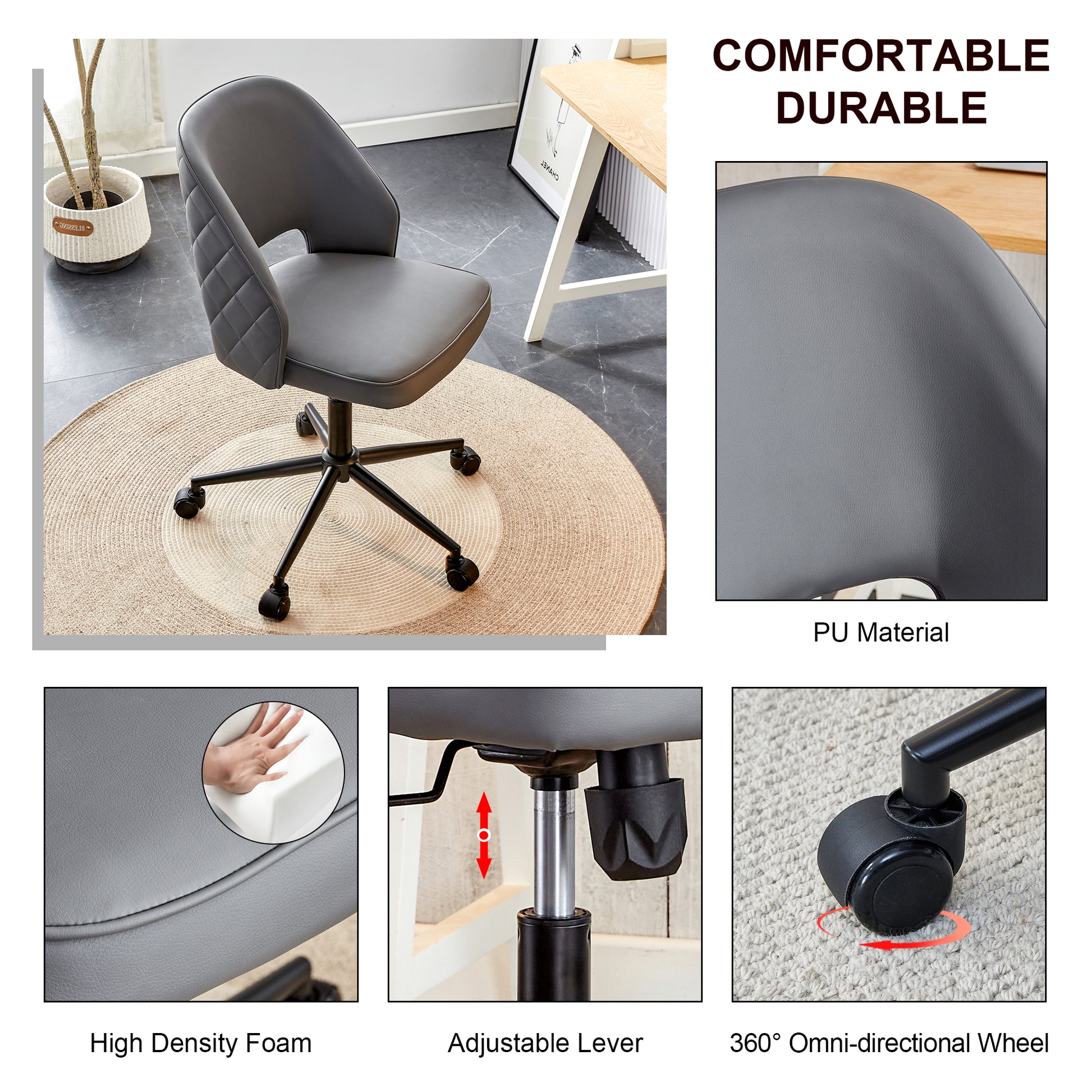 Height Adjustable PU Leather Upholstered Home and Office Swivel Chair- Dark Gray_18
