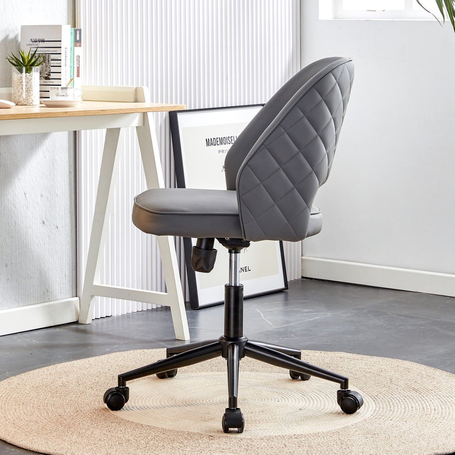Height Adjustable PU Leather Upholstered Home and Office Swivel Chair- Dark Gray_2