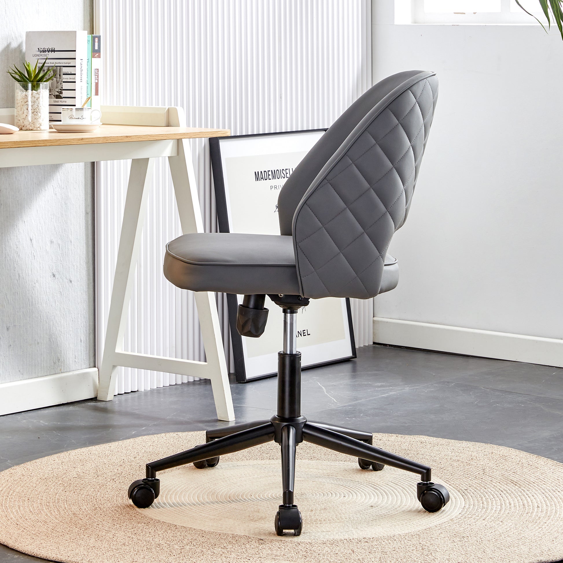 Height Adjustable PU Leather Upholstered Home and Office Swivel Chair- Dark Gray_2