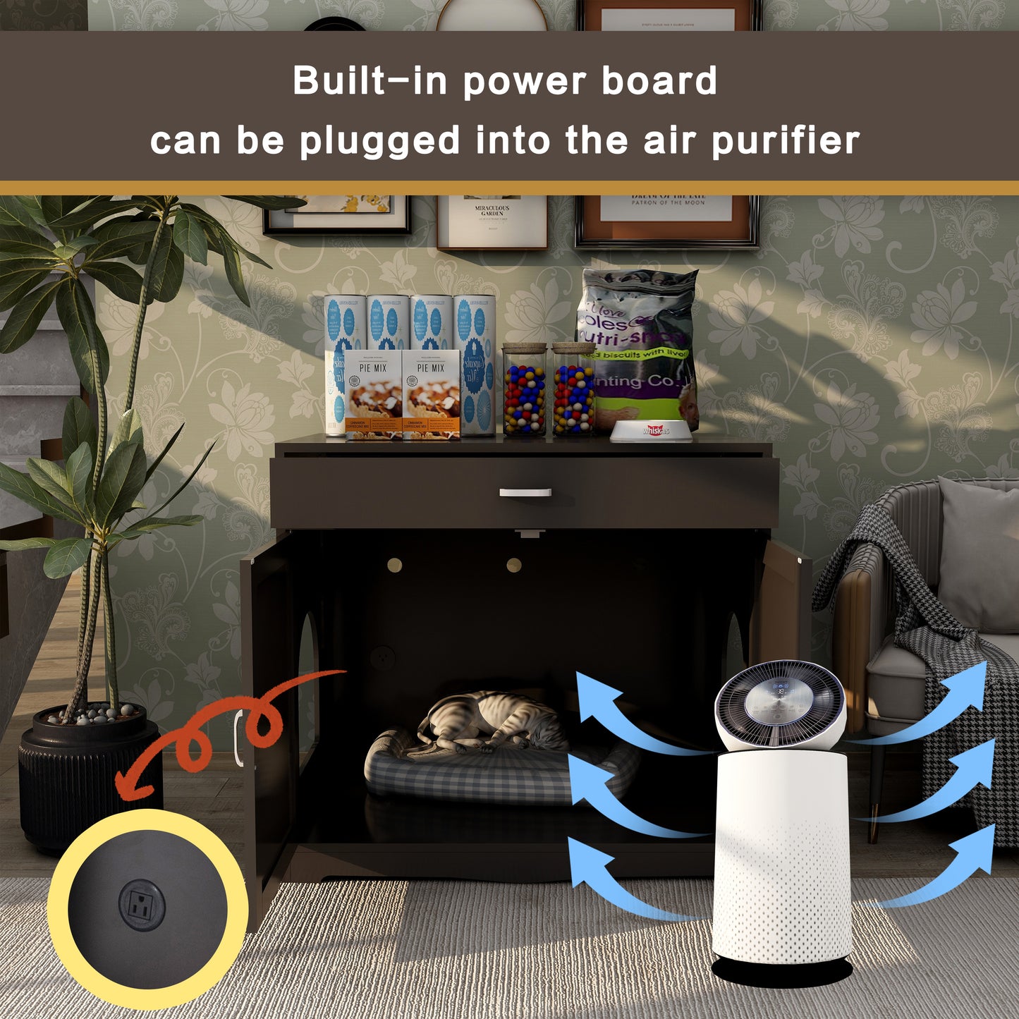 2 Doors Hidden Cat Enclosure Box Furniture Side Table with Hidden Plug- Walnut_6