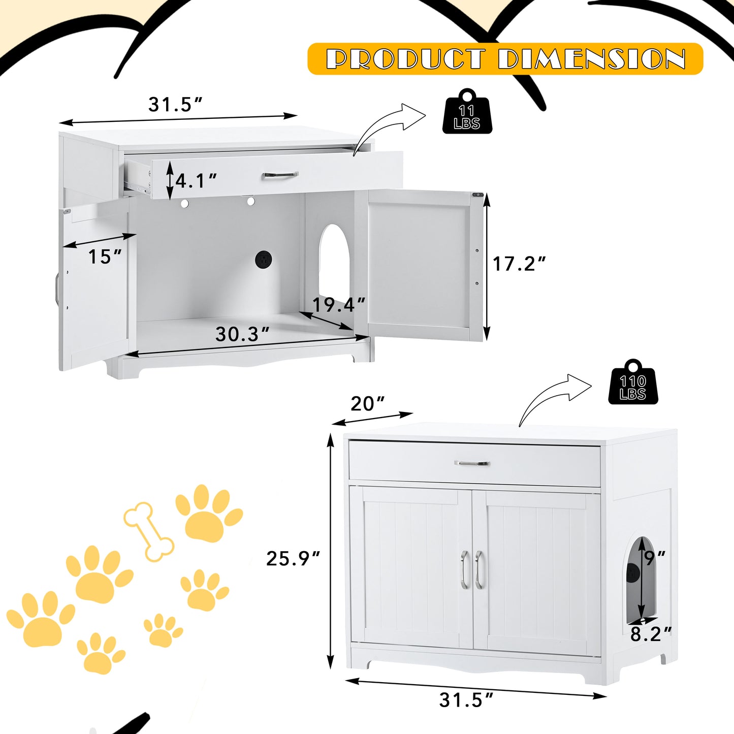 2 Doors Hidden Cat Enclosure Box Furniture Side Table with Hidden Plug- White_3