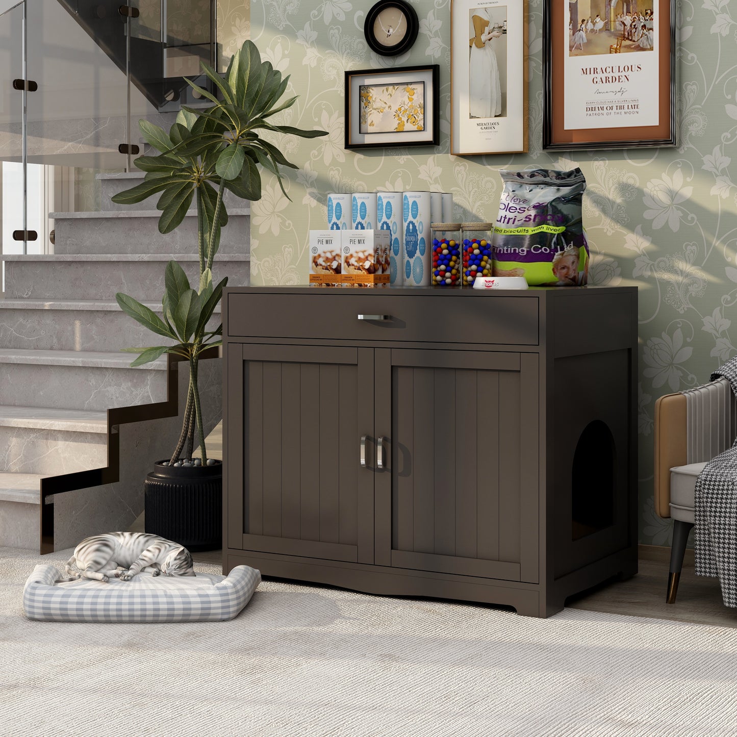 2 Doors Hidden Cat Enclosure Box Furniture Side Table with Hidden Plug- Walnut_2