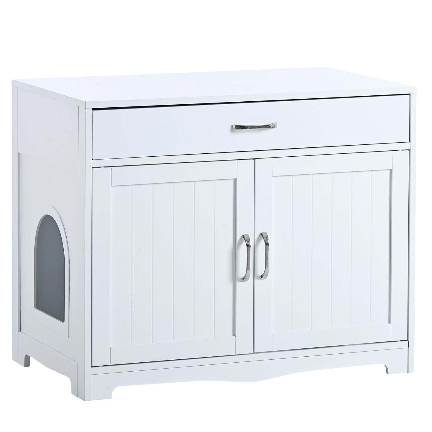 2 Doors Hidden Cat Enclosure Box Furniture Side Table with Hidden Plug- White_7