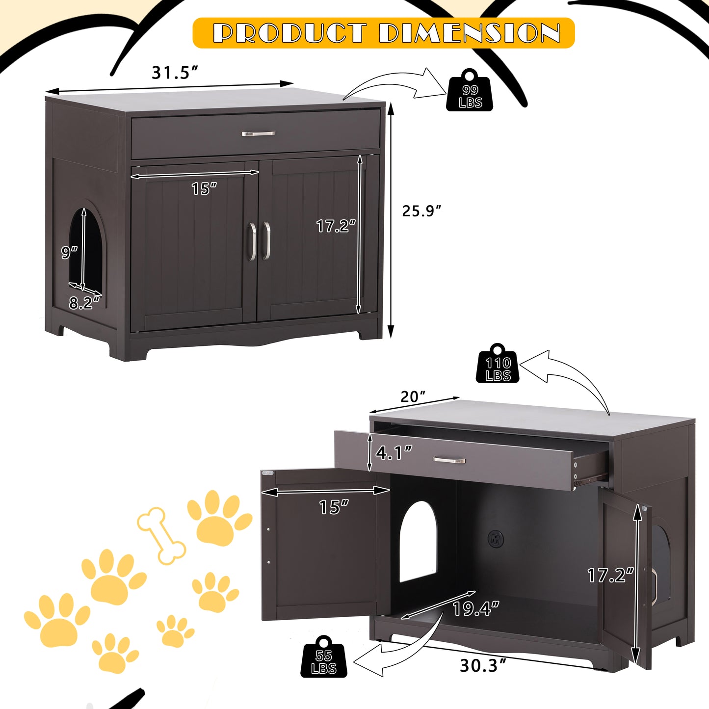 2 Doors Hidden Cat Enclosure Box Furniture Side Table with Hidden Plug- Walnut_7