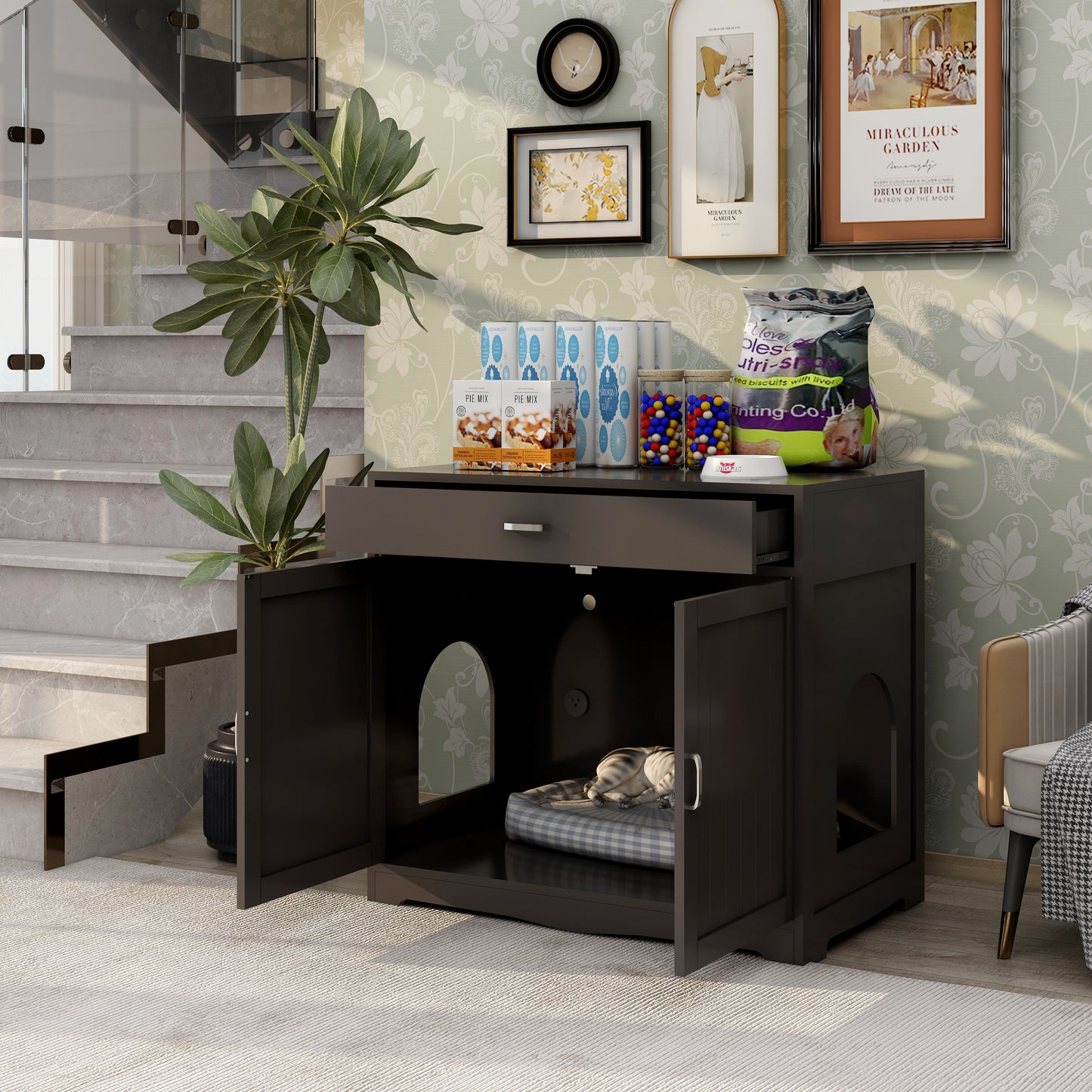 2 Doors Hidden Cat Enclosure Box Furniture Side Table with Hidden Plug- Walnut_4