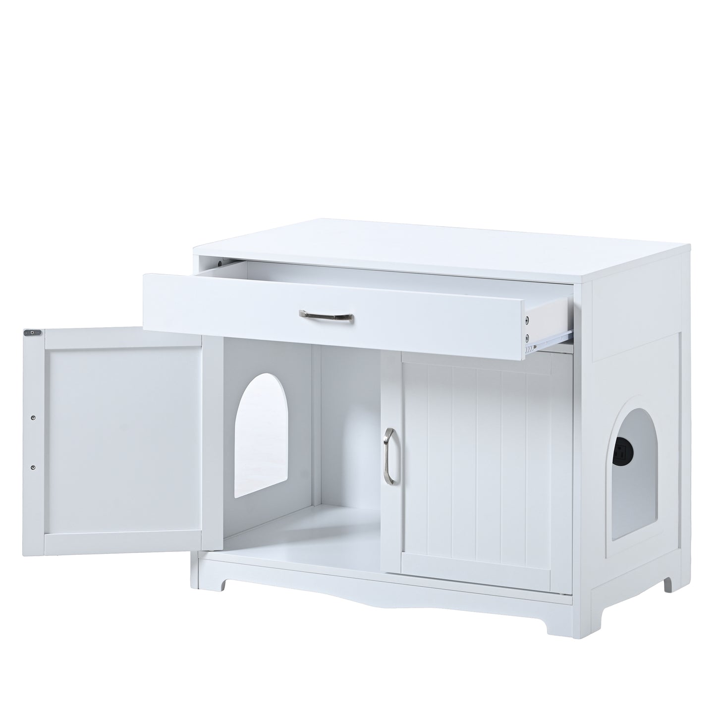 2 Doors Hidden Cat Enclosure Box Furniture Side Table with Hidden Plug- White_12