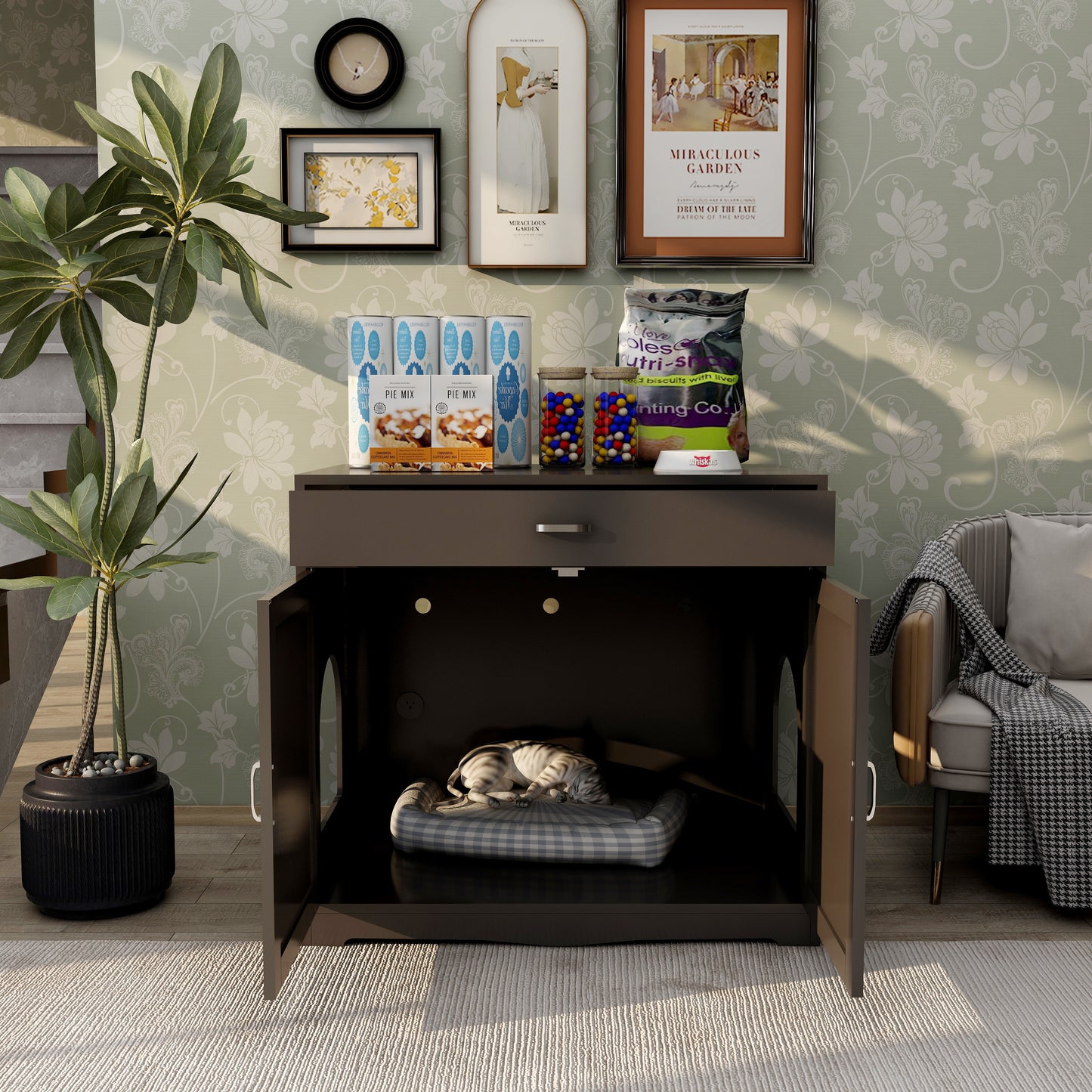 2 Doors Hidden Cat Enclosure Box Furniture Side Table with Hidden Plug- Walnut_3